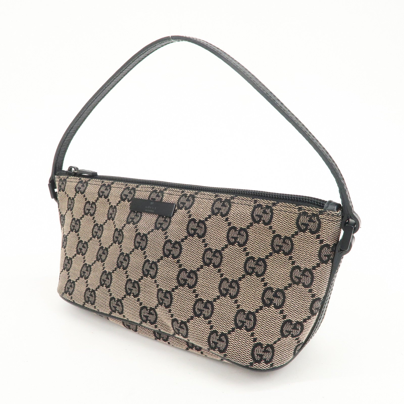 GUCCI Boat Bag GG Canvas Leather Hand Bag Beige Black 07198