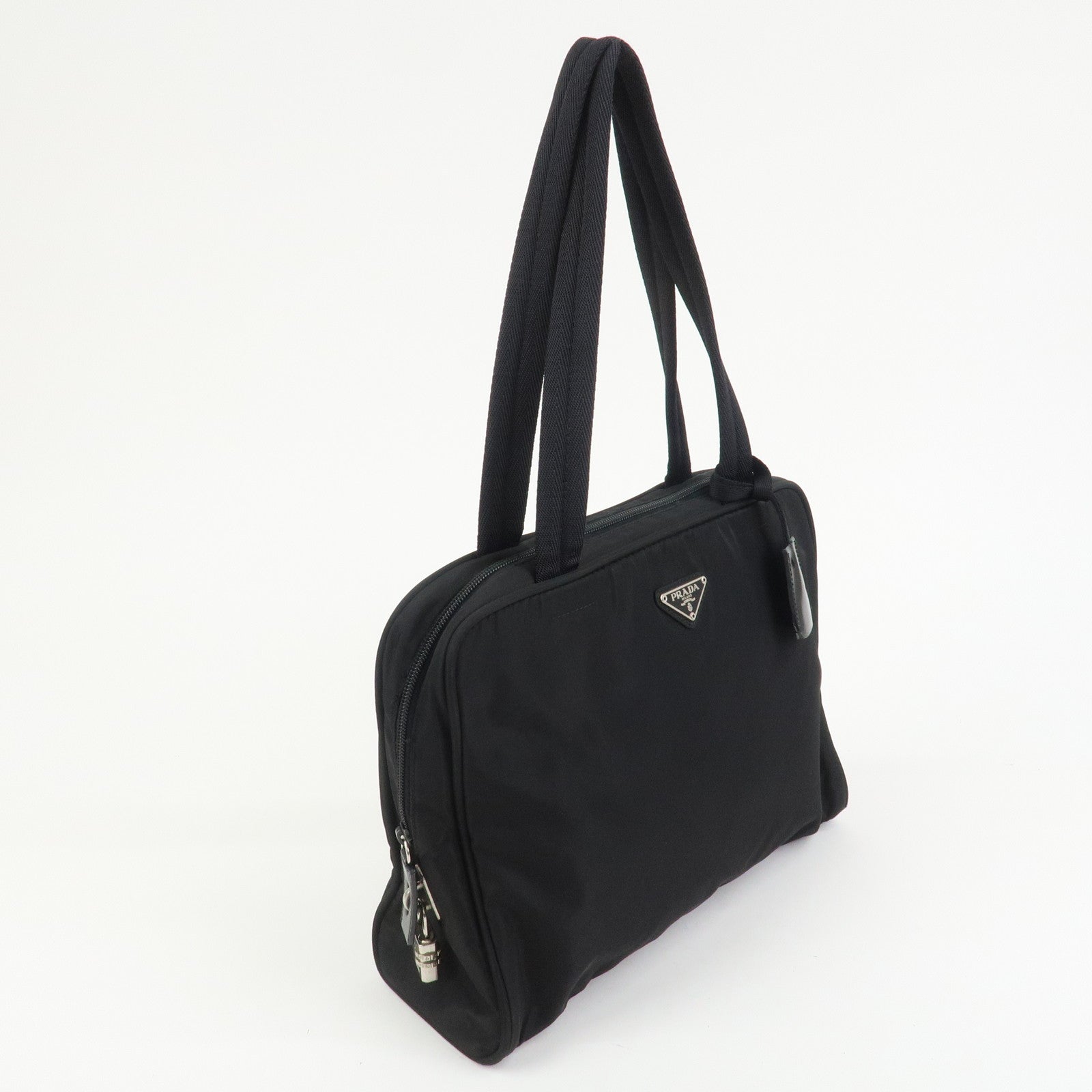 PRADA Triangle Logo Nylon Leather Shoulder Bag Hand Bag Black