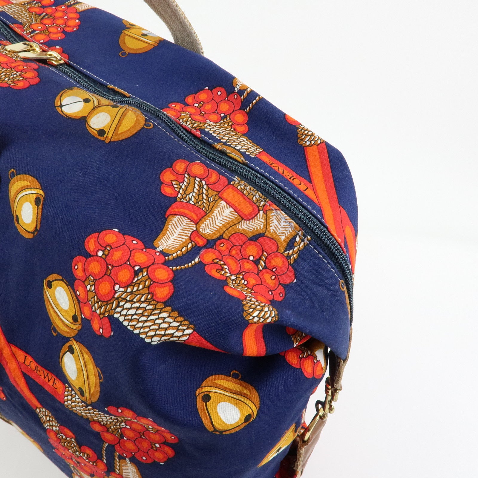 LOEWE Canvas Leather Boston Bag Travel Bag Navy Red Brown