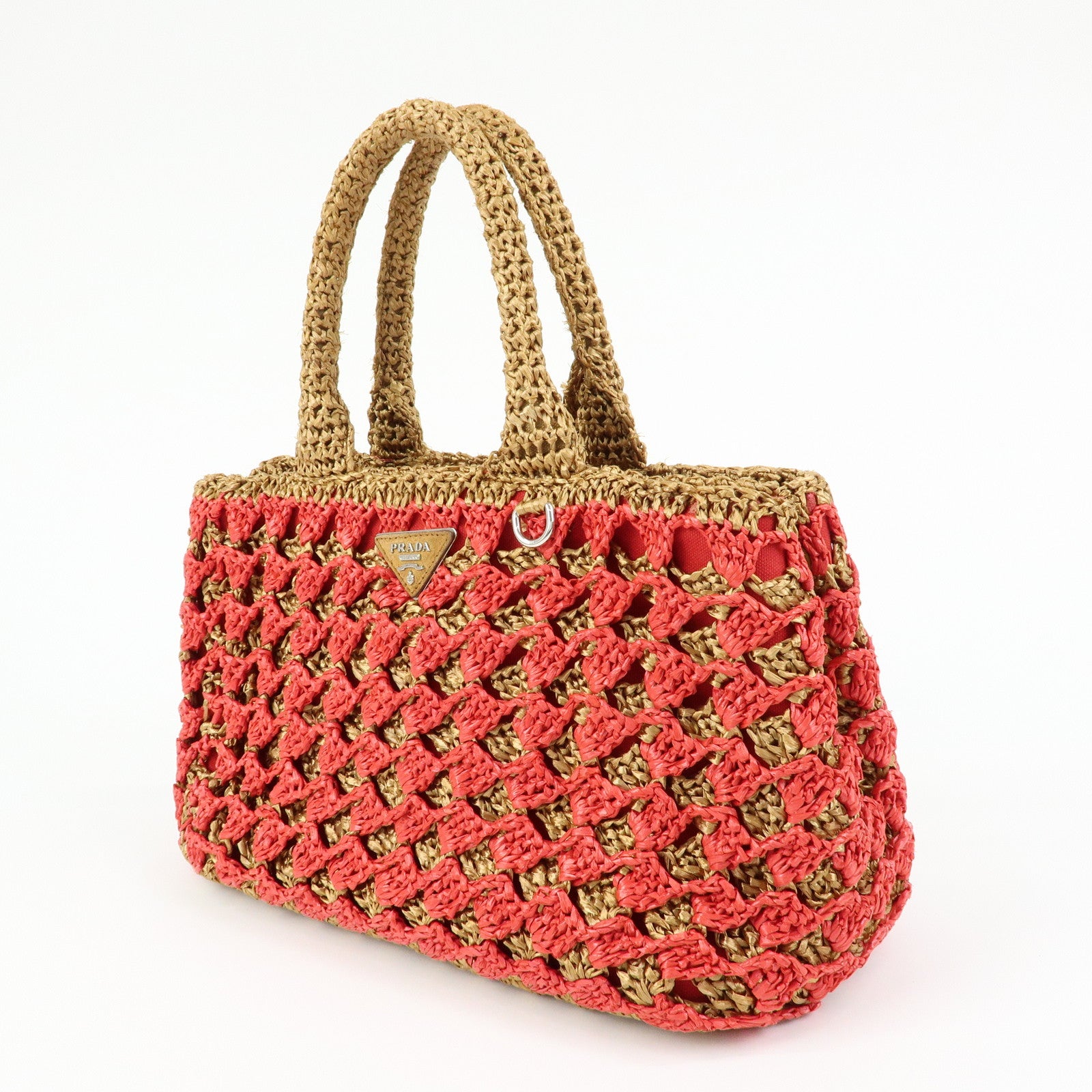PRADA Triangle Logo Raffia 2Way Bag Hand Bag Shoulder Bag Red Brown