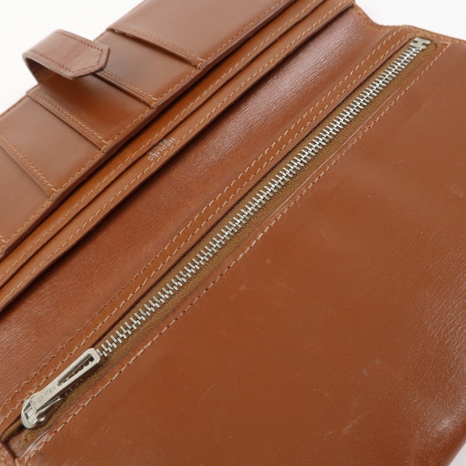 HERMES Bearn Leather Bi-fold Long Wallet F Stamped Brown