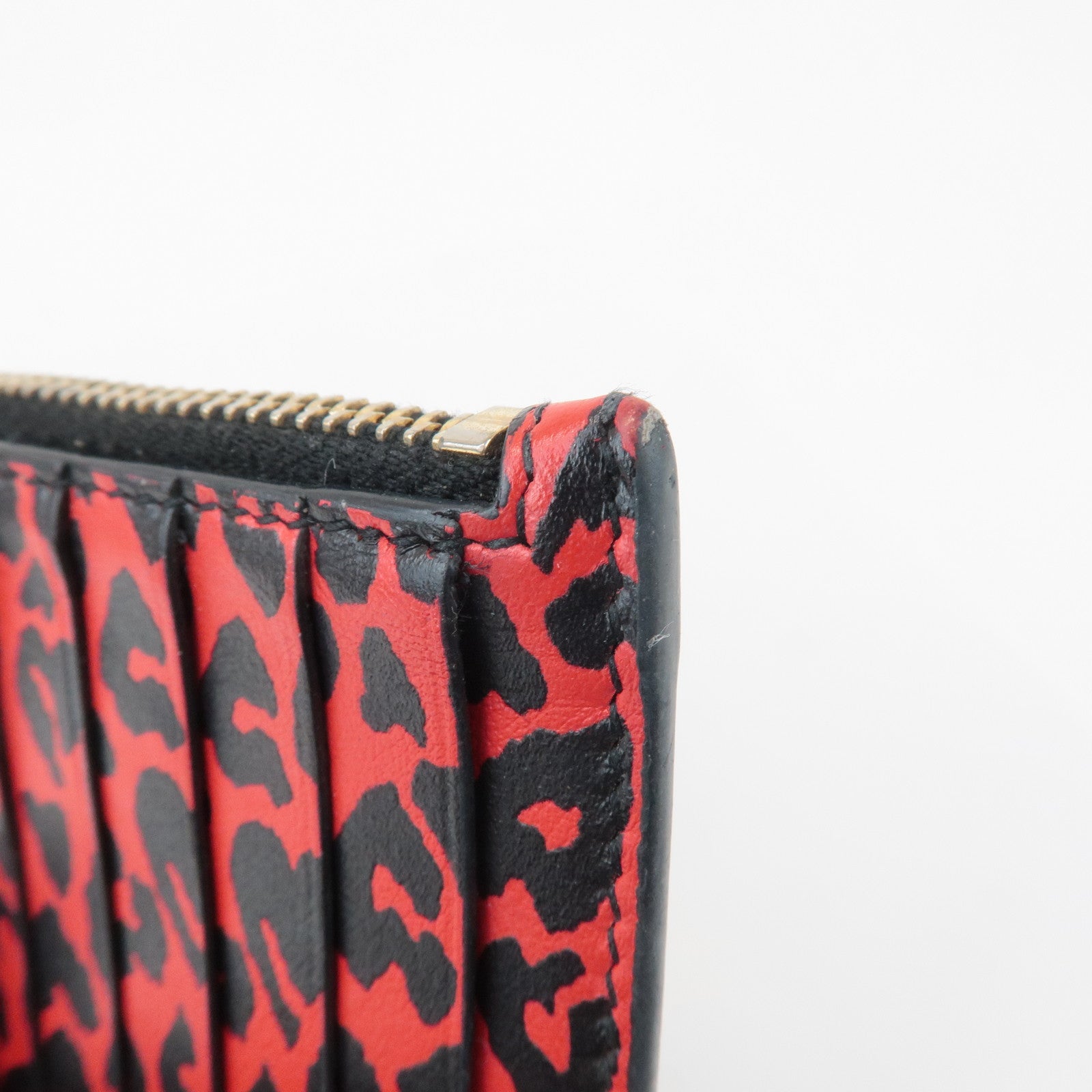 Saint Lauren Leather Animal Leopard Coin Case Card Case Black Red Used