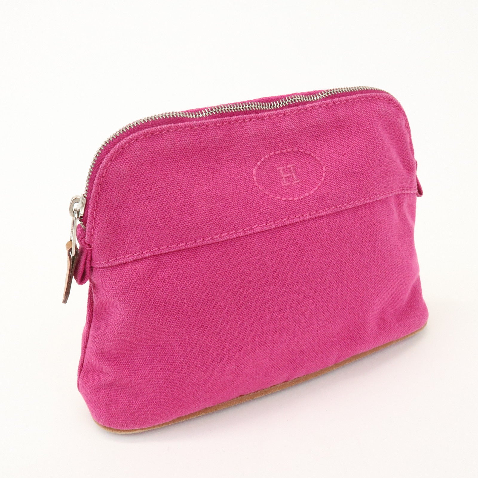 HERMES Logo Cotton Leather Bolide Pouch Mini Cosmetic Pouch Pink
