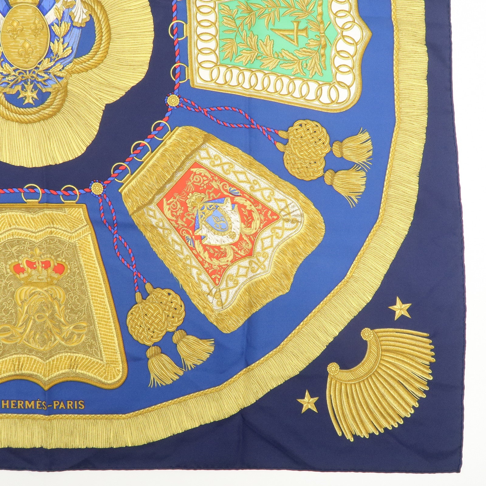 HHERMES Carre 90 Silk 100% Scarf Poste et Cavalerie Navy Gold