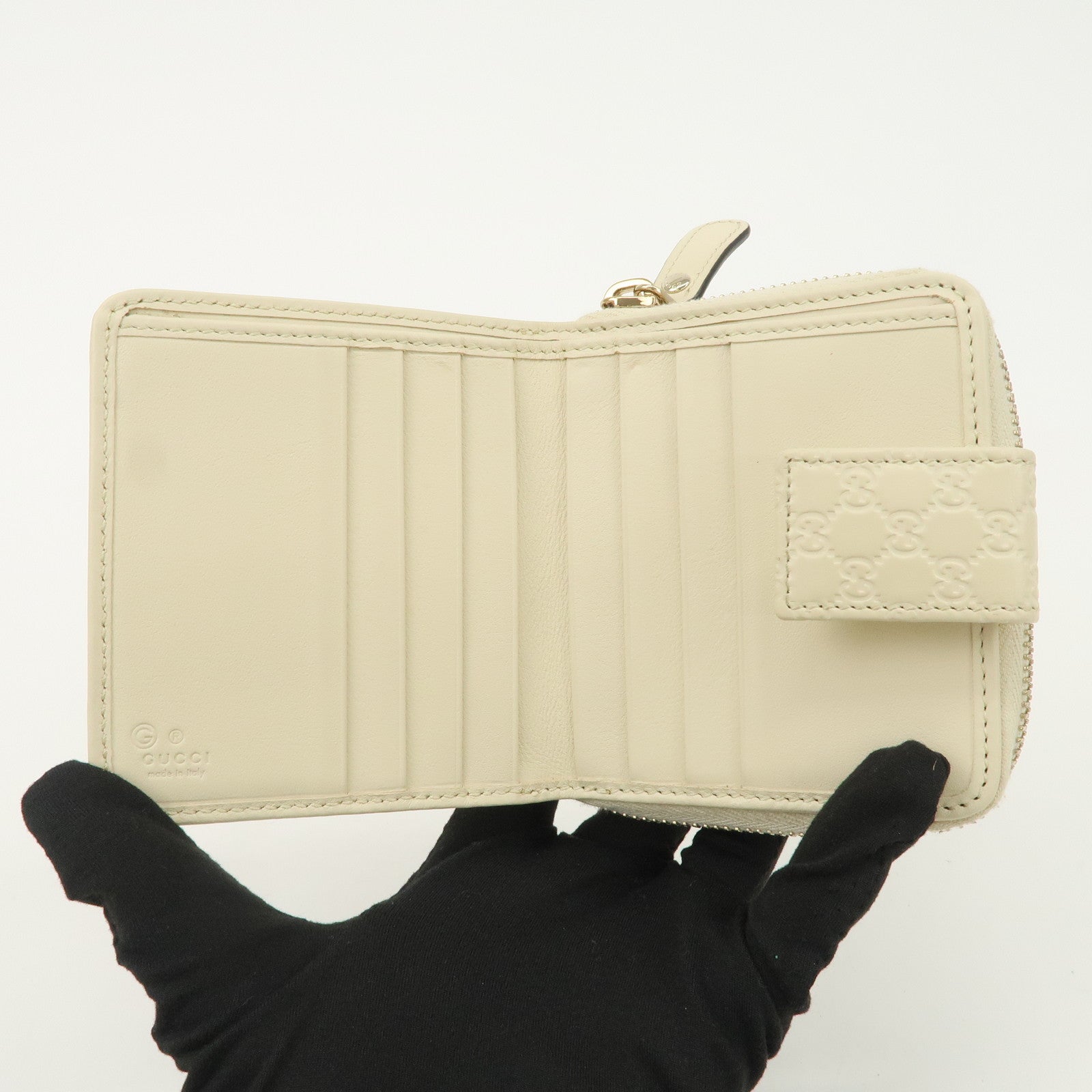 GUCCI Micro Guccissima Leather Signature Bi-Fold Compact Wallet Ivory Used