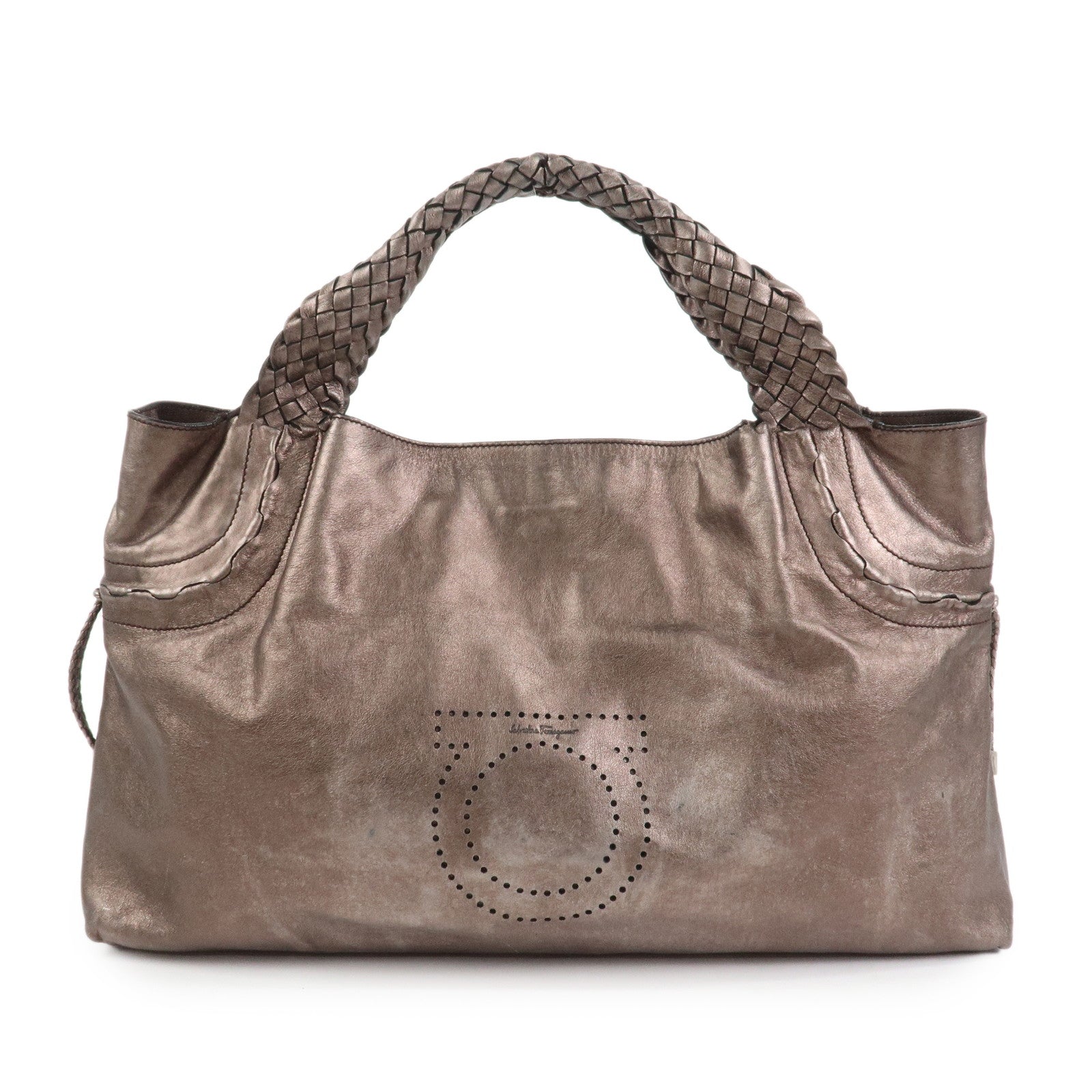 Ferragamo Gancini Leather Tote Bag Shoulder Bag Bronze