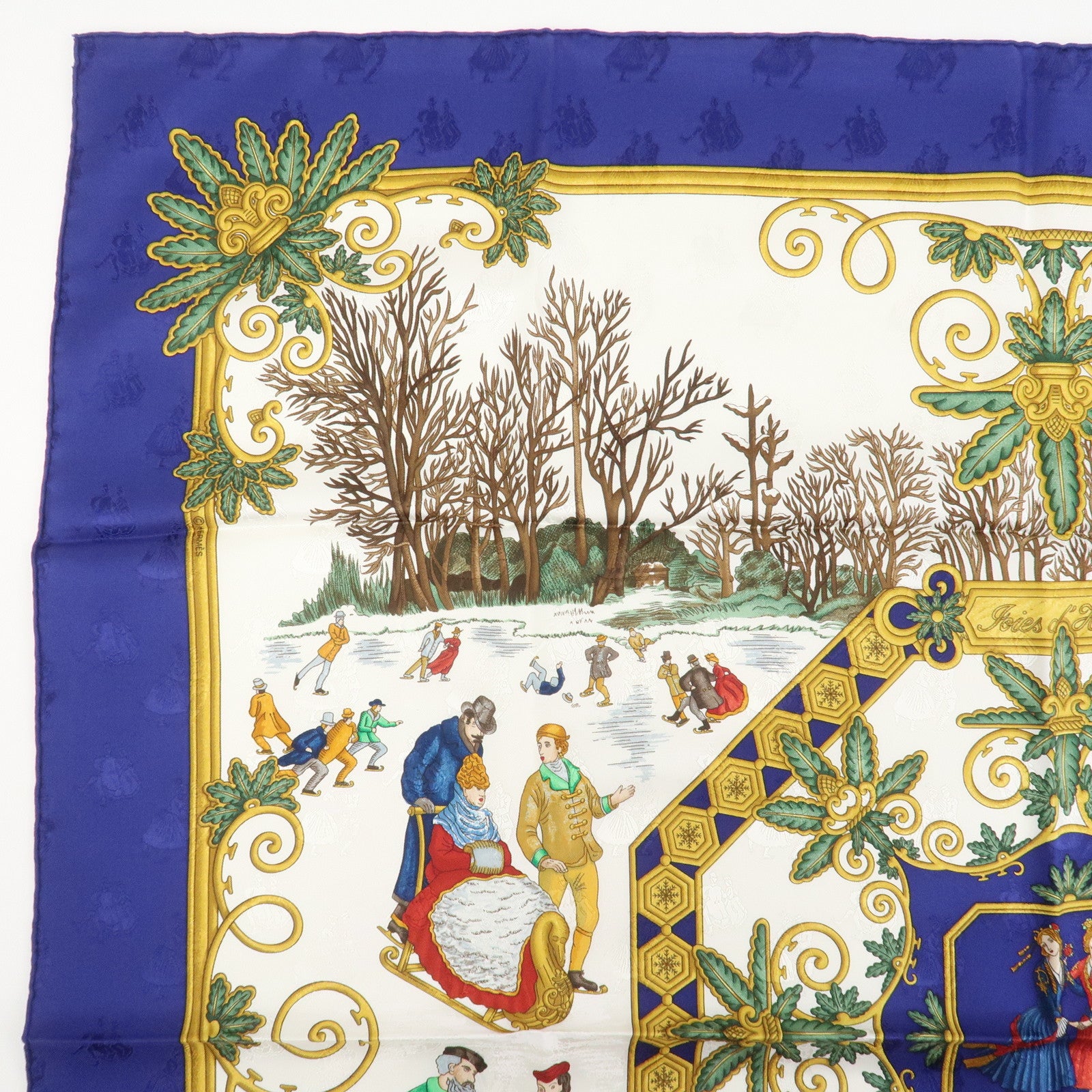 HERMES Carre 90 Silk 100% Scarf Joies d’Hiver Blue White Gold