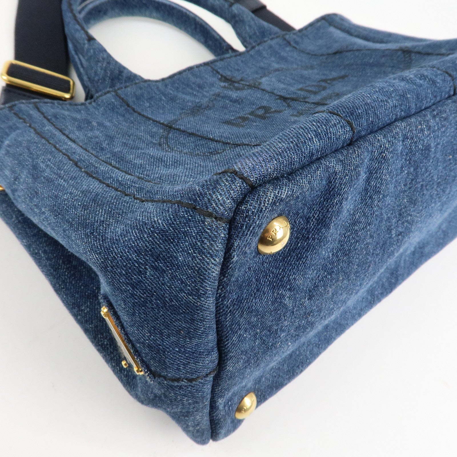 PRADA Canapa Mini Canvas Denim 2Way Shoulder Hand Bag Navy B2439G Used