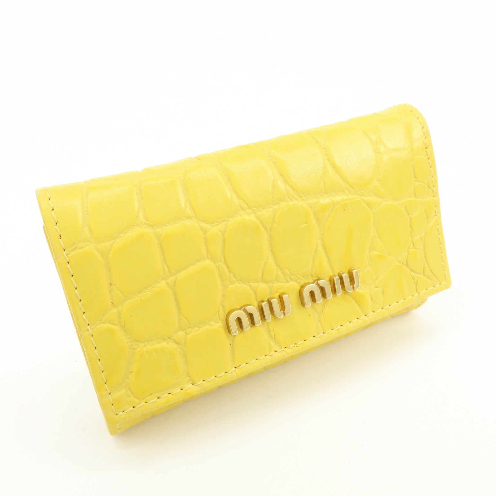 MIU MIU Embossed Leather Key Case Key Holder Yellow 5M0222