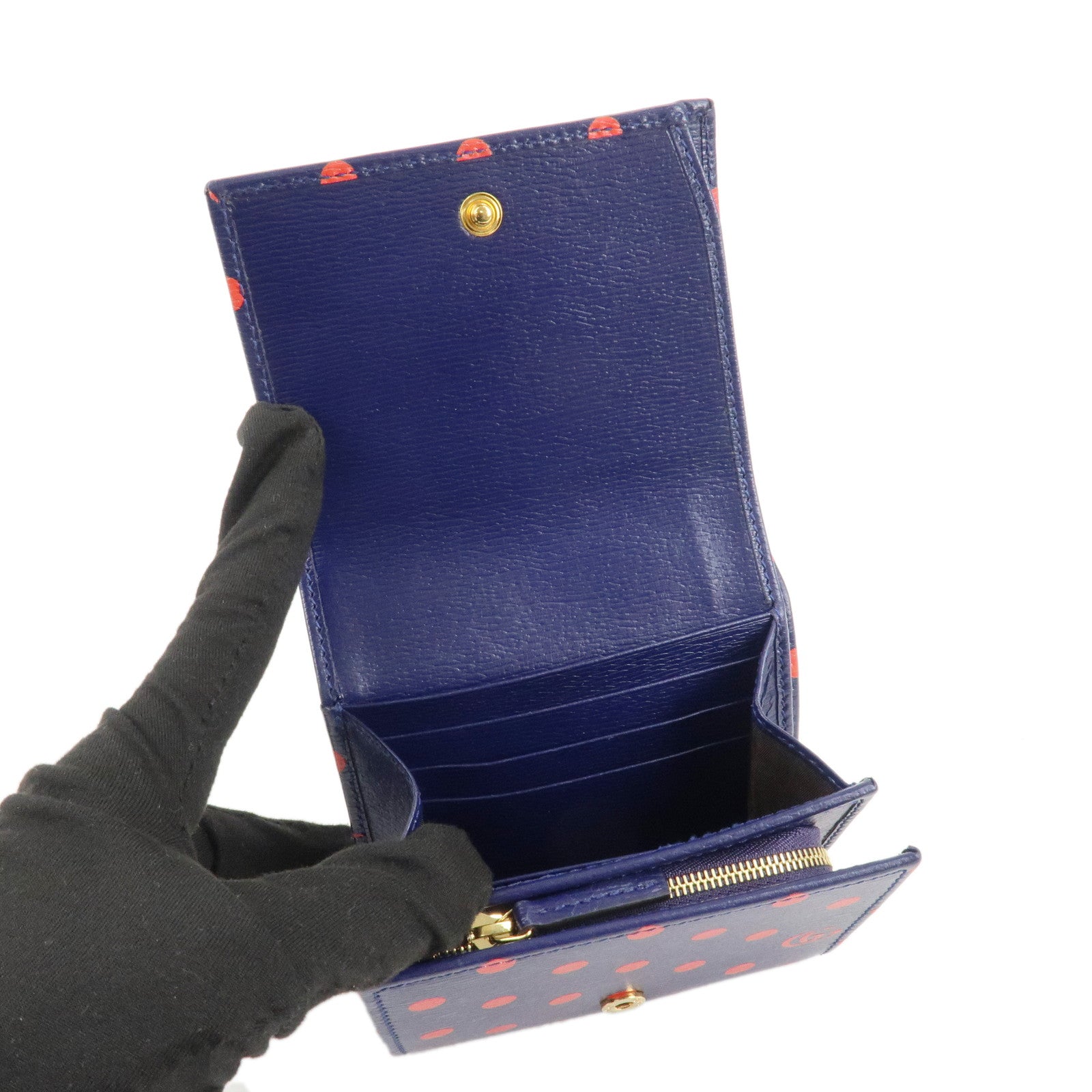 GUCCI Horsebit Dot Pattern Leather Bifold Wallet Navy Red 621891 Used