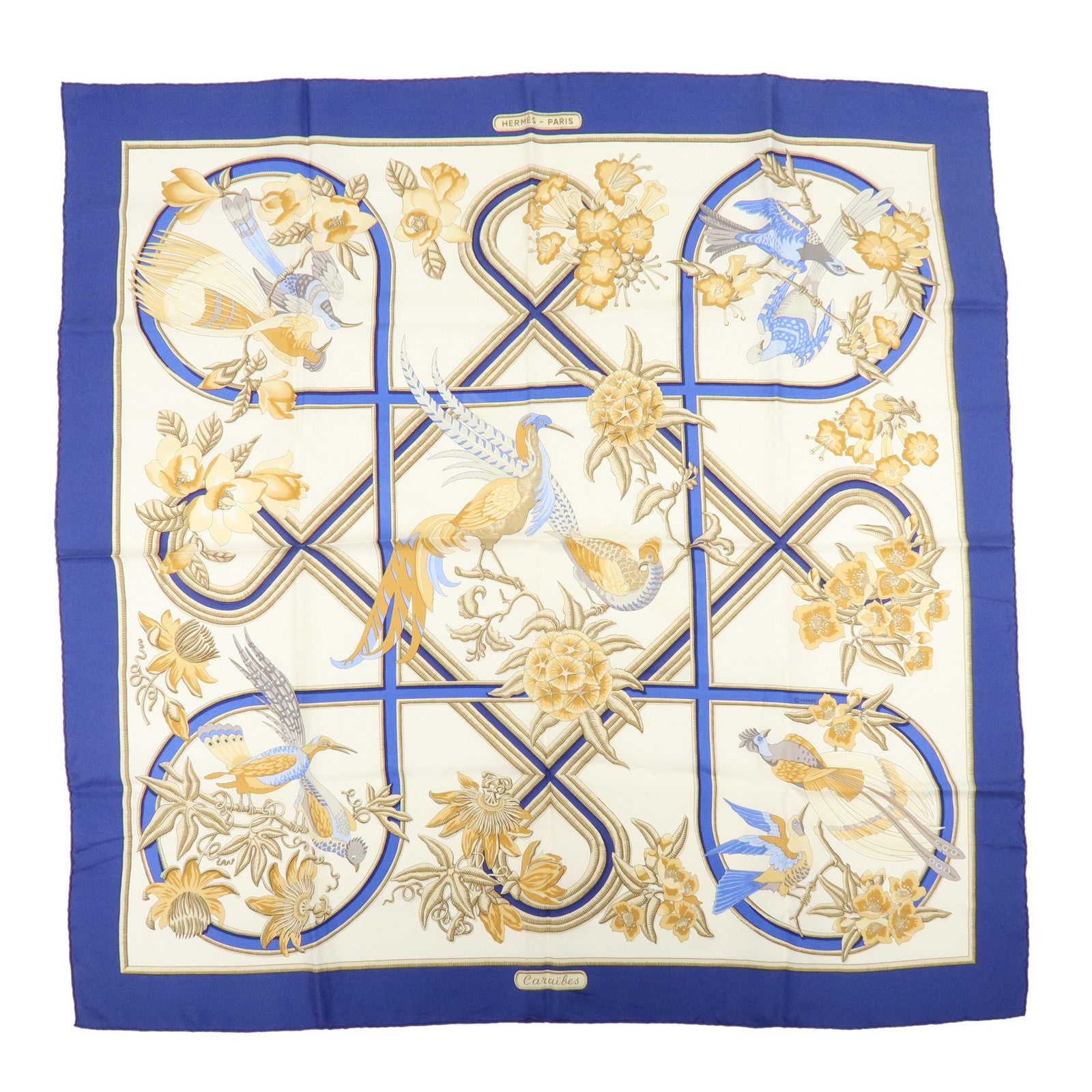 HERMES Carre Silk 100% Scarf Caraibes Oiseaux Ivory Blue
