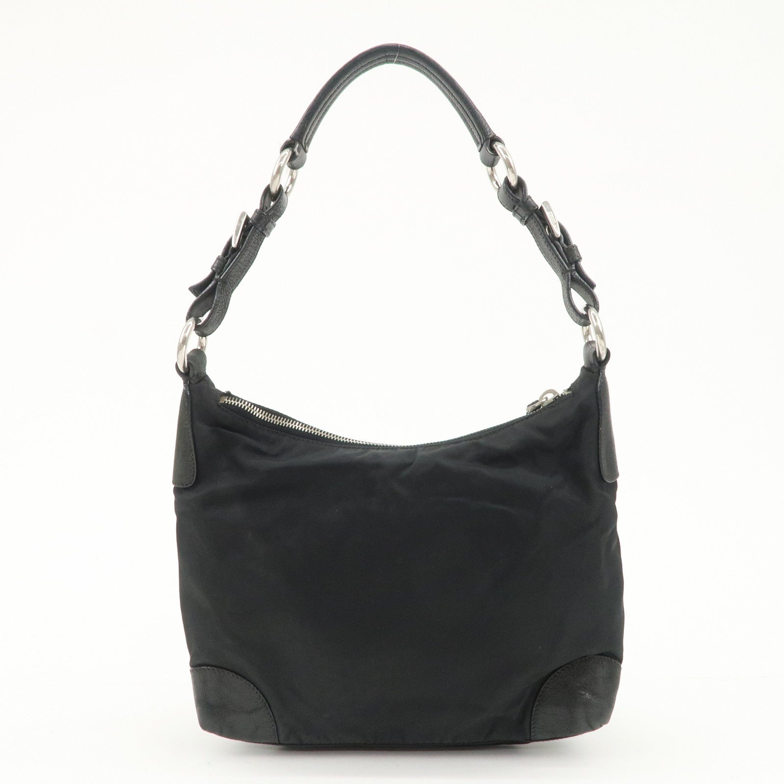 PRADA Triangle Logo Leather Nylon Shoulder Bag Hand Bag Black Used