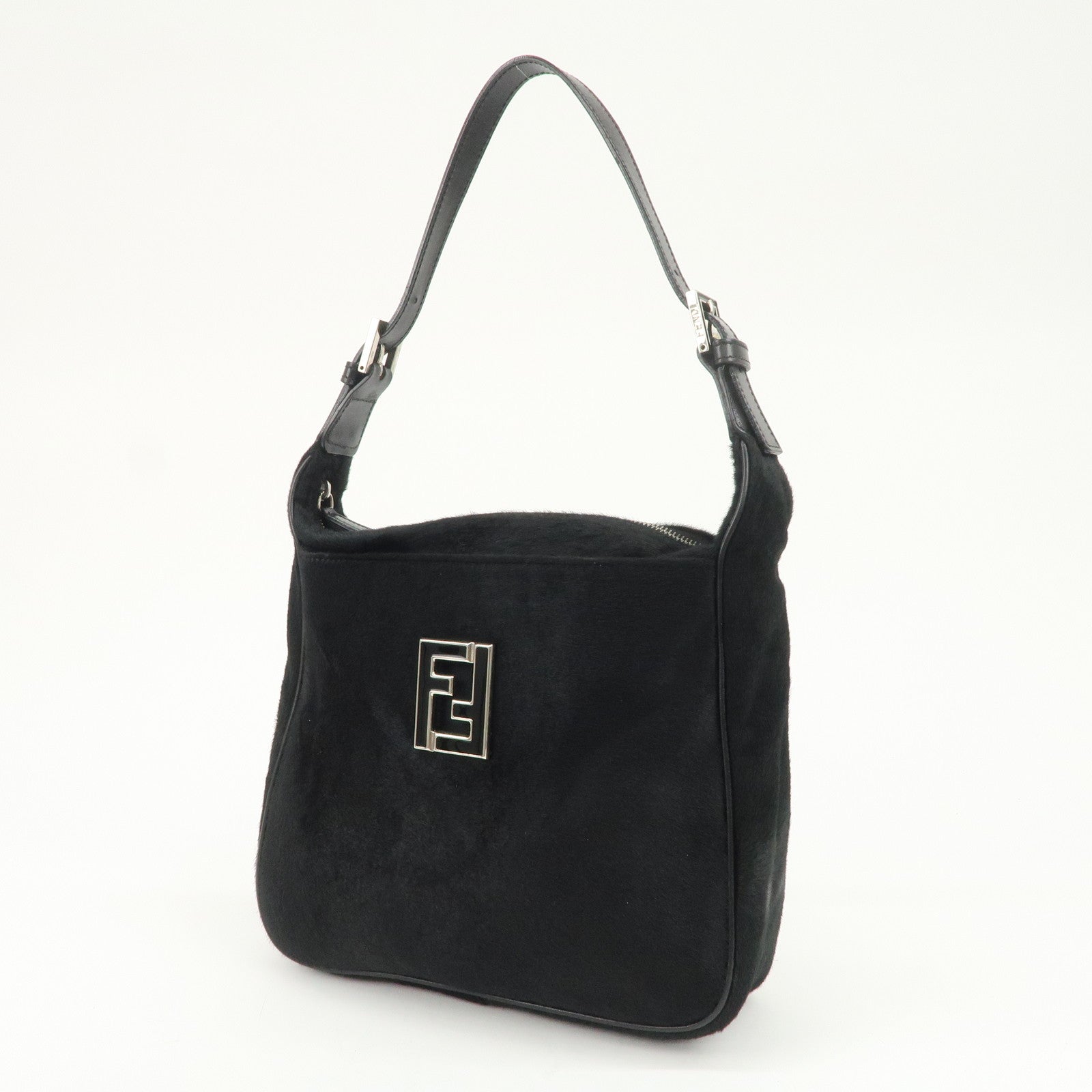 FENDI Haircalf Leather Shoulder Bag Hand Bag Black 15328