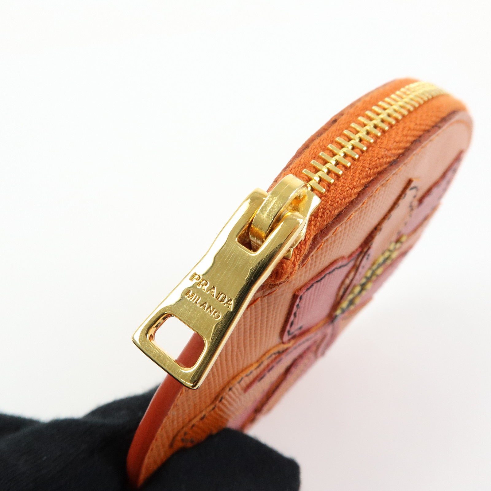 PRADA Saffiano Leather Flower Motif Round Coin Case Orange 1M1400