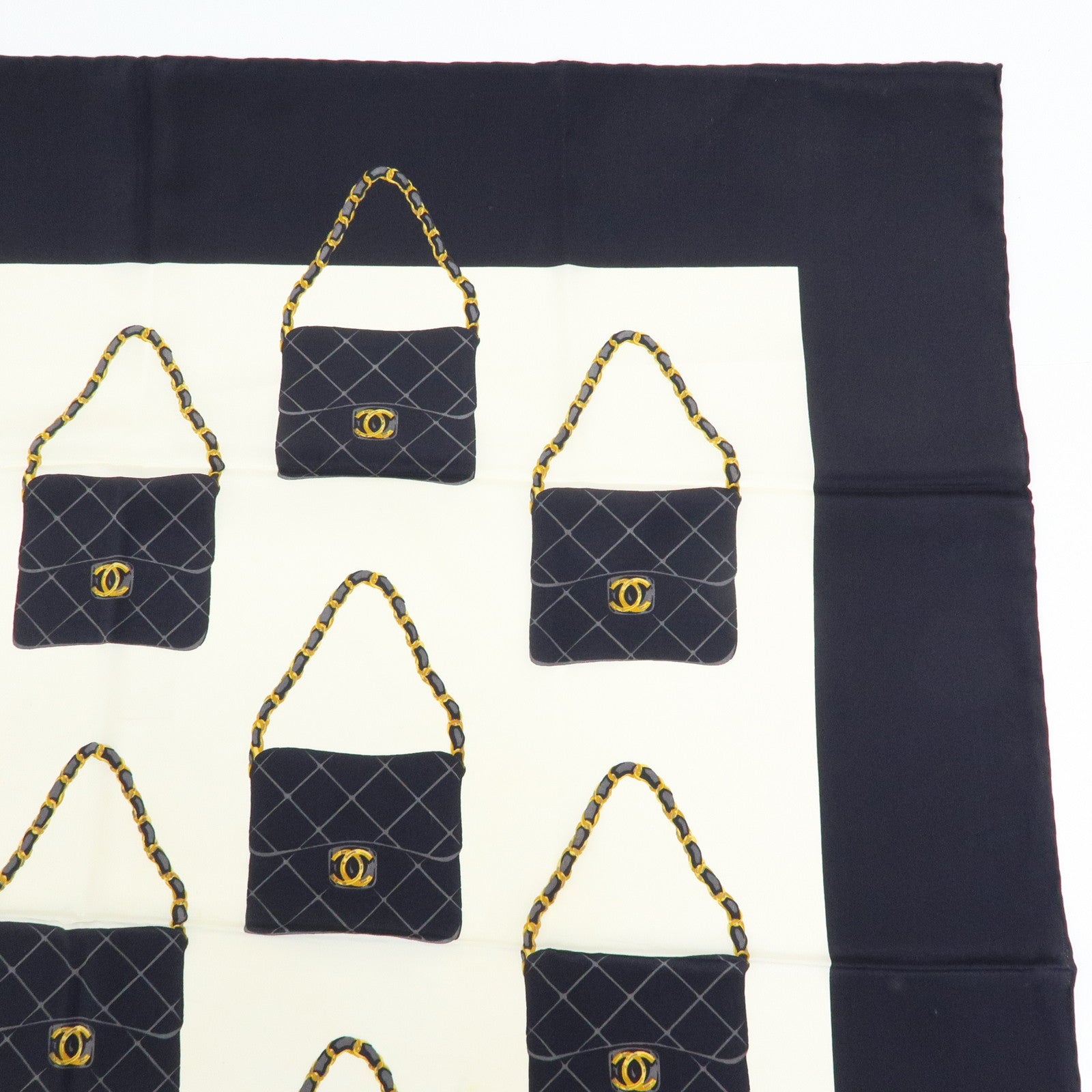 CHANEL Silk 100% Scarf Matelasse Bag Motif 86cm×86cm Black Ivory