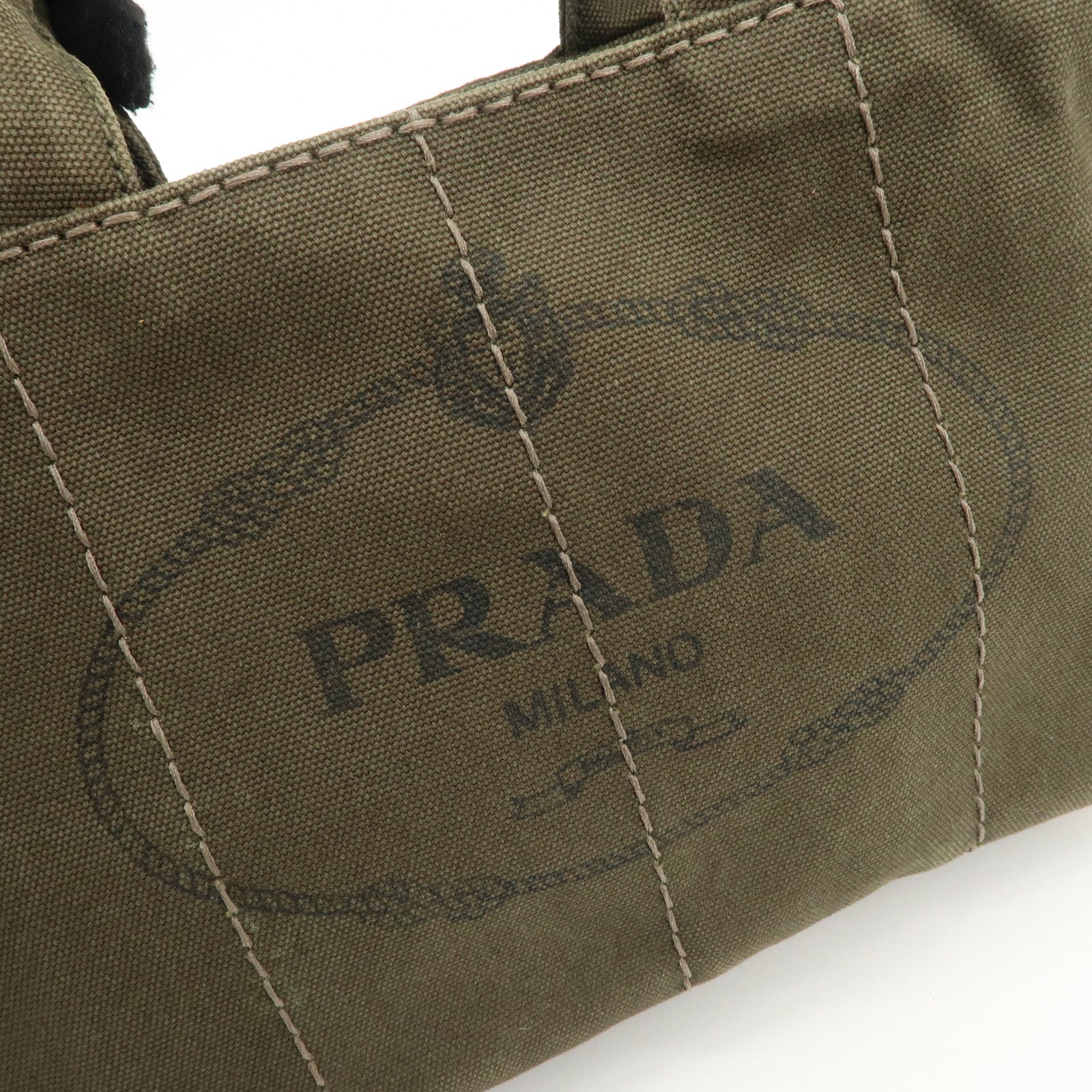 PRADA Canapa Mini Canvas Bag Hand Bag Tote Bag Khaki BN2439 Used