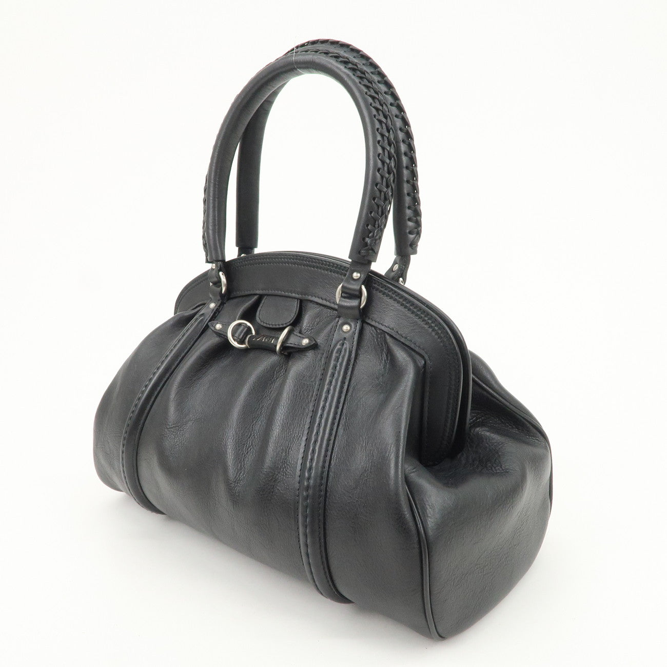 Christian Dior Logo Leather Hand Bag Shoulder Bag Black Silver