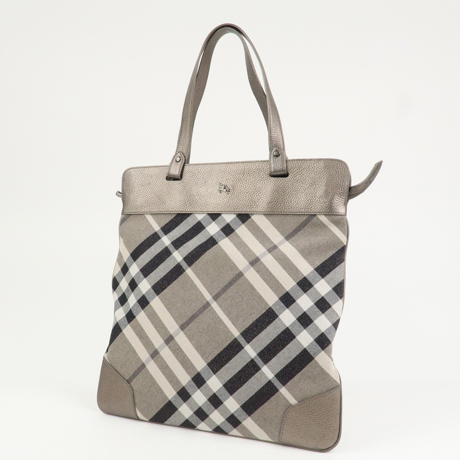 BURBERRY Logo Canvas Leather Tote Bag Shoulder Bag Gray Silver