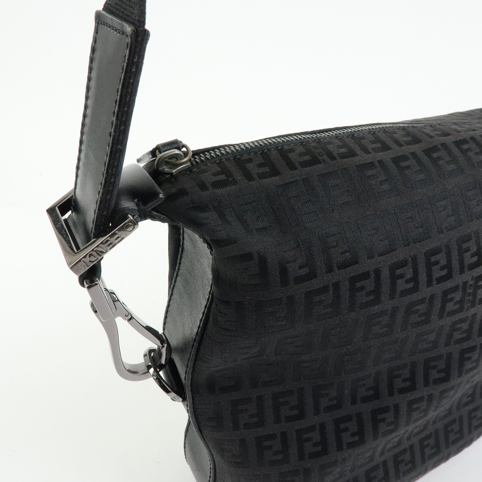 FENDI Zucchino Canvas Leather Shoulder Bag Black 7VA004