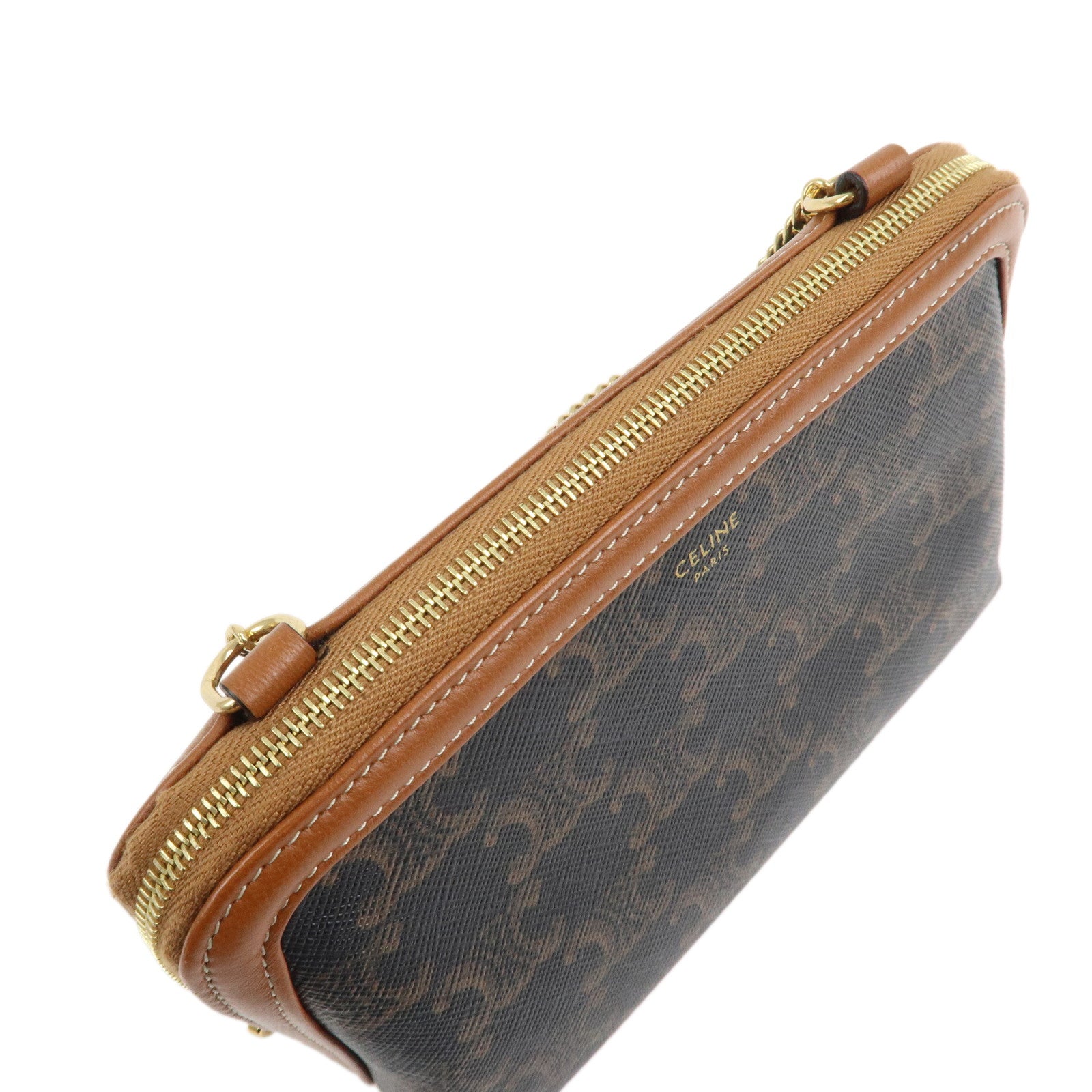CELINE Triomphe Canvas Lamb Skin Chain Shoulder Bag Tan