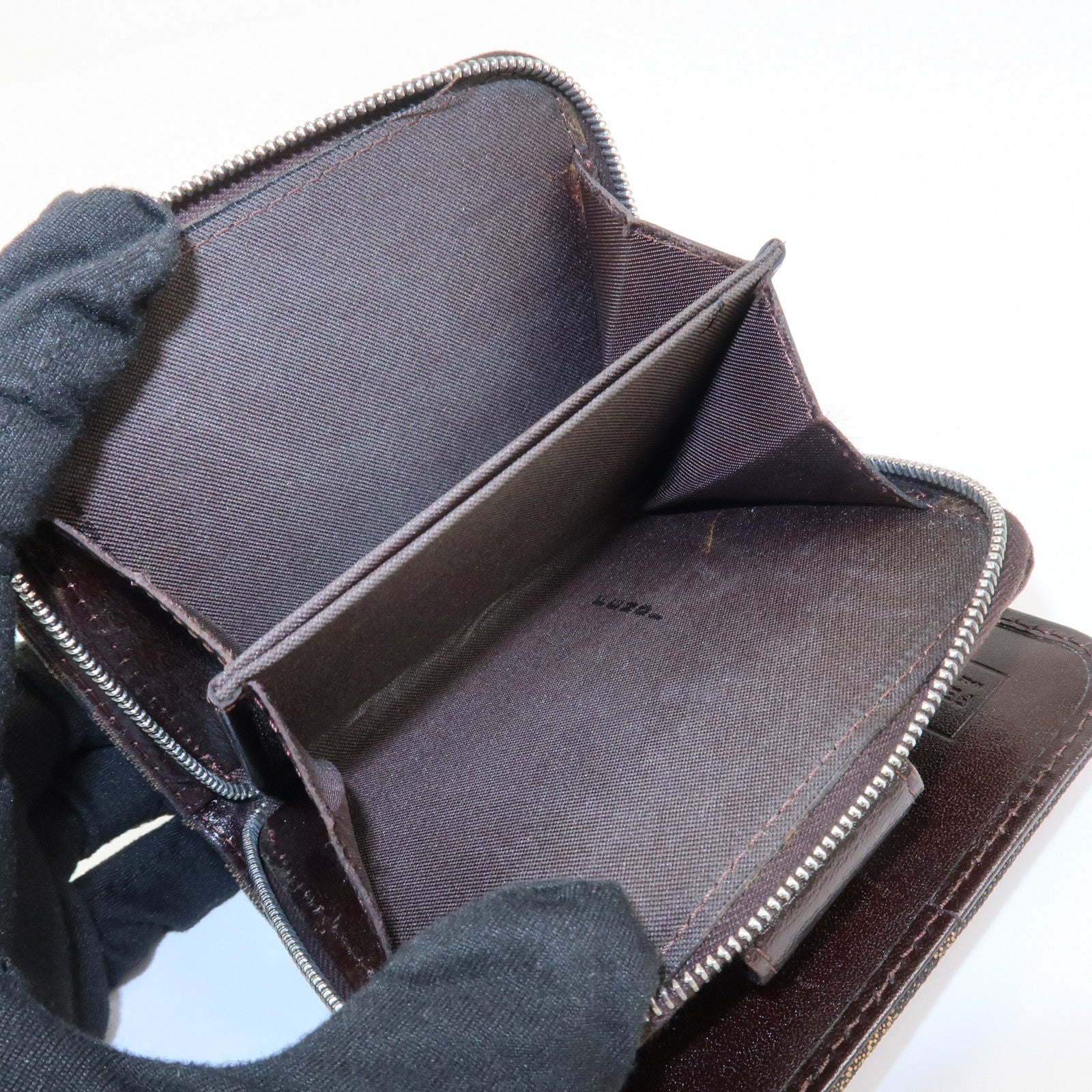 FENDI Zucca Canvas Leather Bi-fold Compact Wallet Brown Black 16348