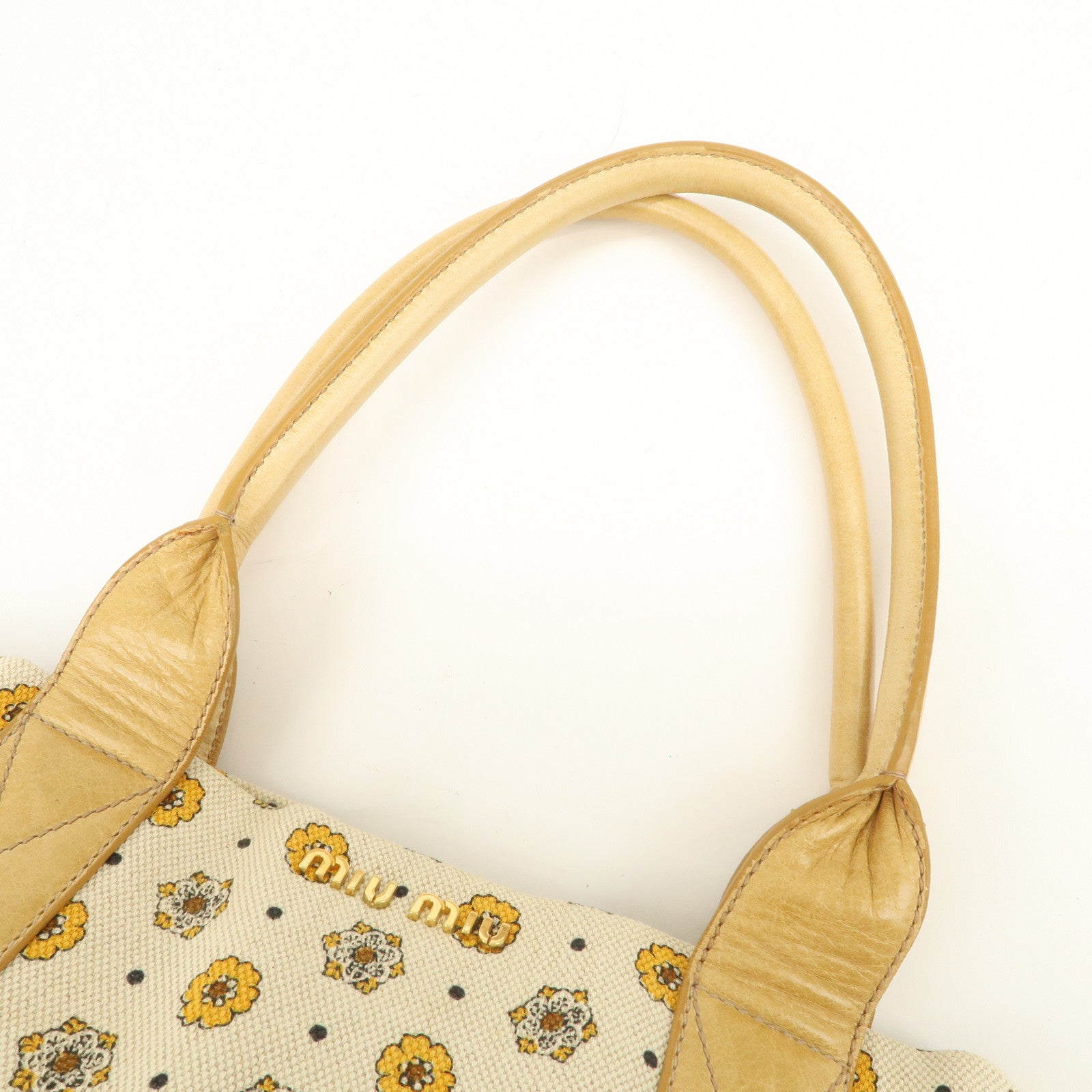 MIU MIU Canvas Leather Tote Bag Hand Bag Flower Motif Beige