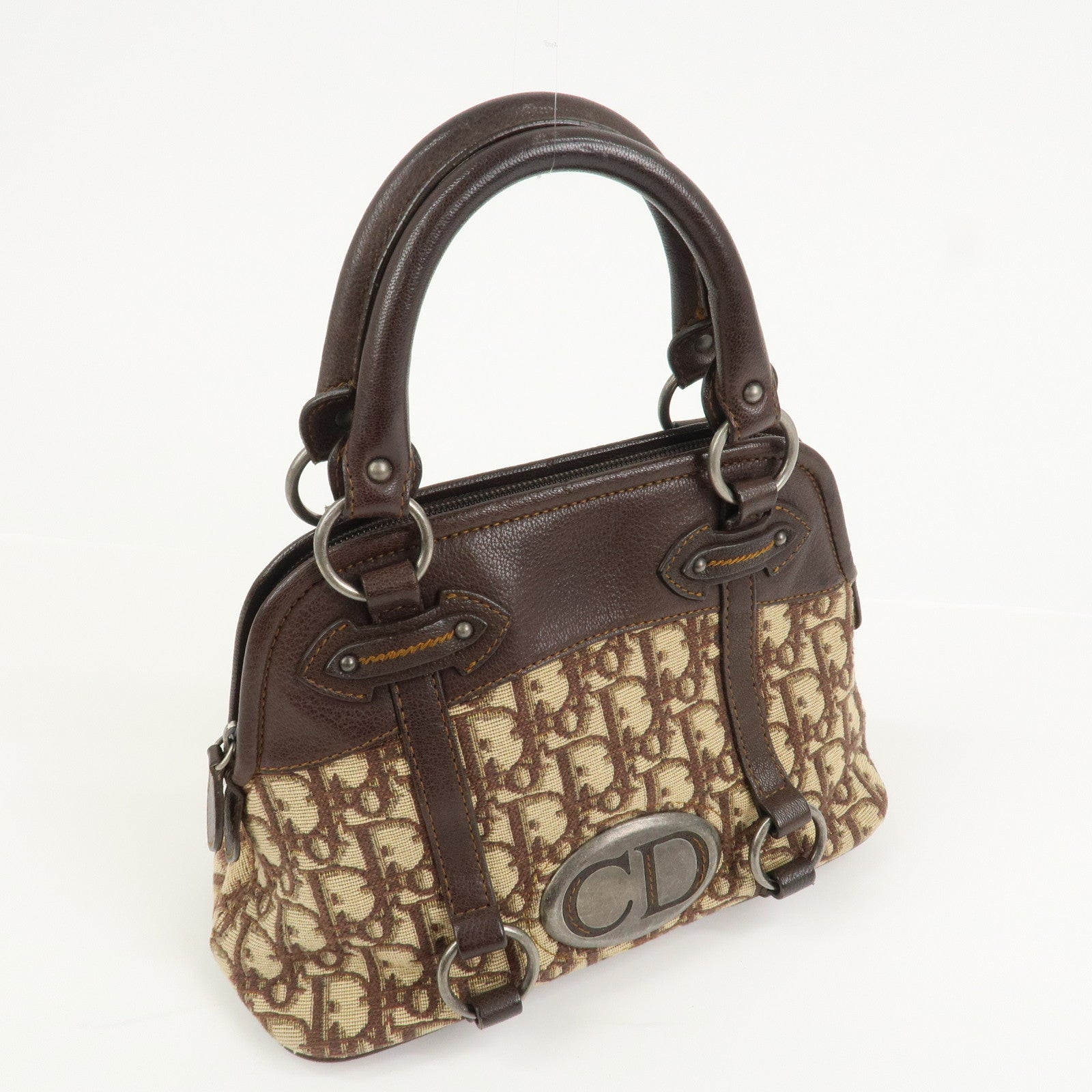 Christian Dior Trotter Canvas Leather Hand Bag Beige Brown