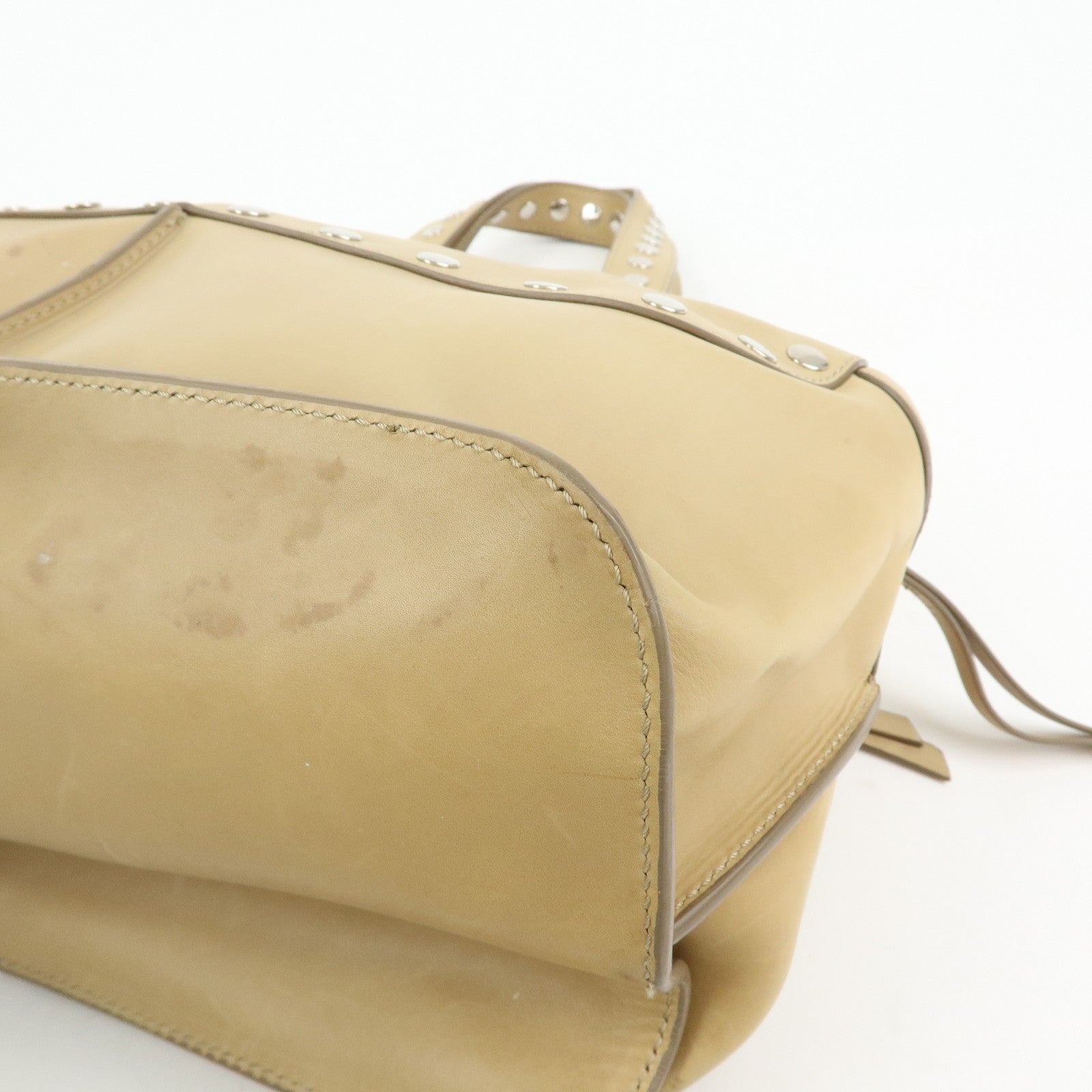 CELINE Leather Hand Bag Bowling Bag Beige Studs