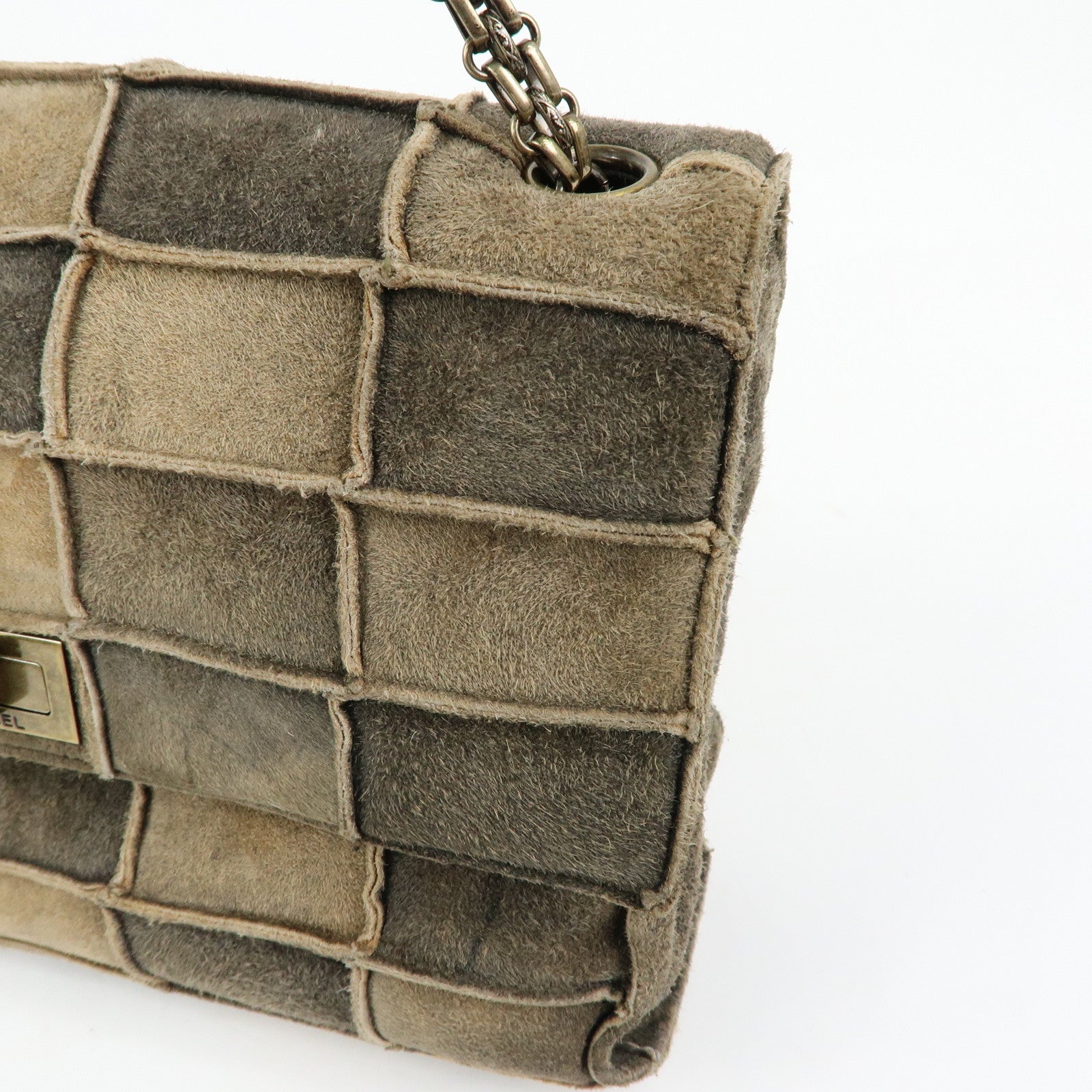 CHANEL Chanel 2.55 Suede Patchwork Chain Shoulder Bag Gray Brown