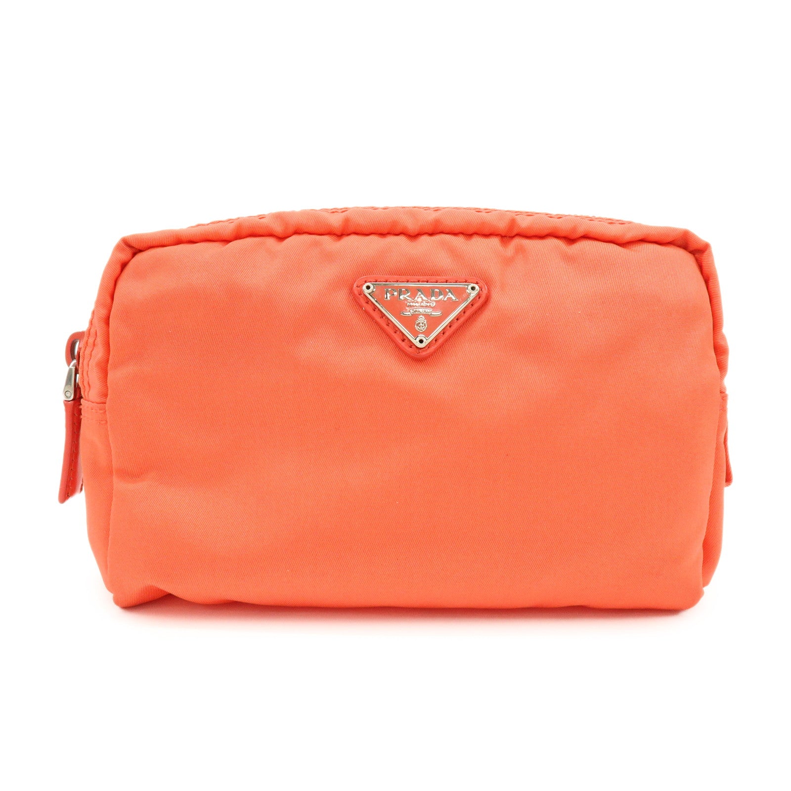 PRADA Triangel Logo Nylon Leather Pouch Cosmetic Case Coral