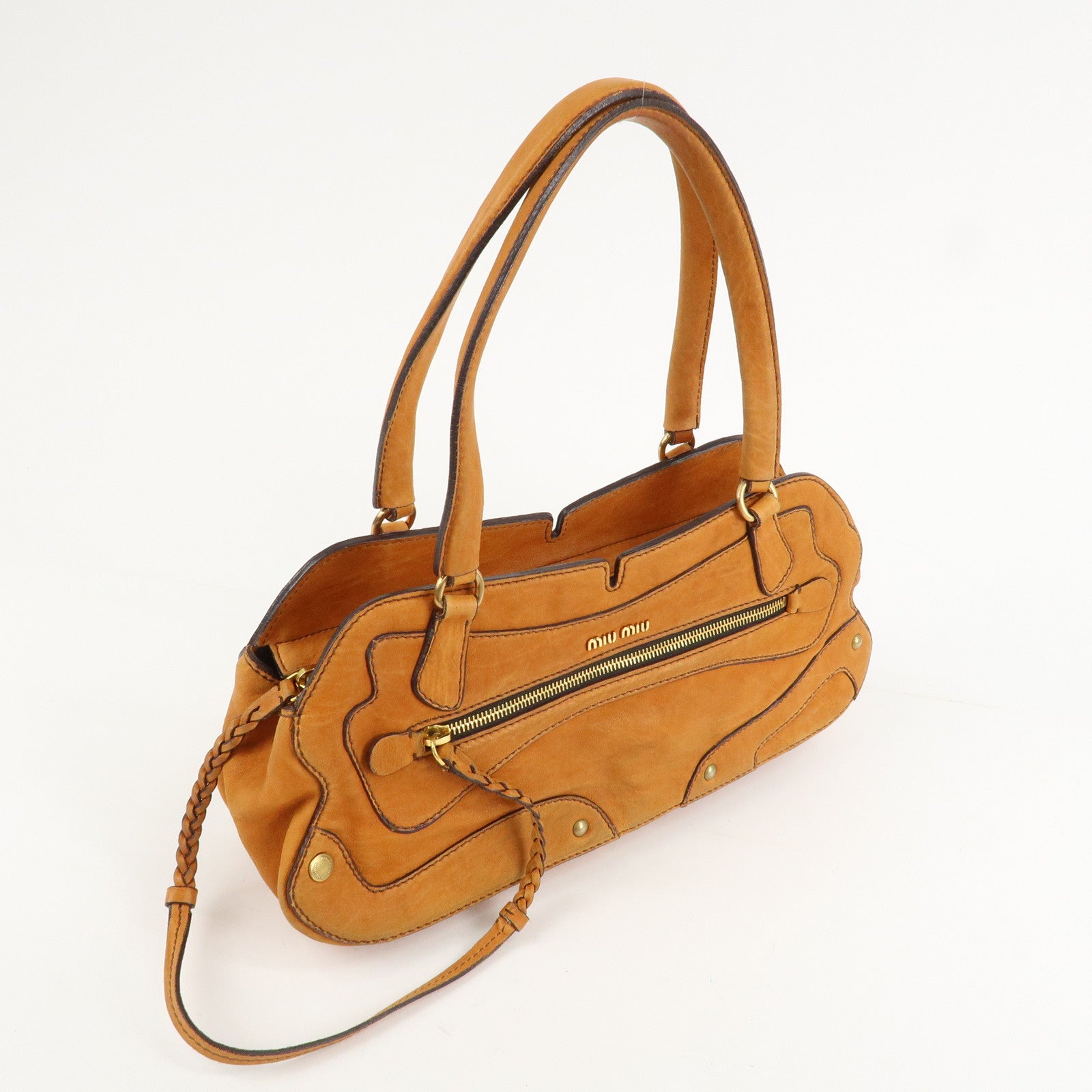 MIUMIU Logo Leather Shoulder Bag Boston Bag Hand Bag Gold HDW Brown Used