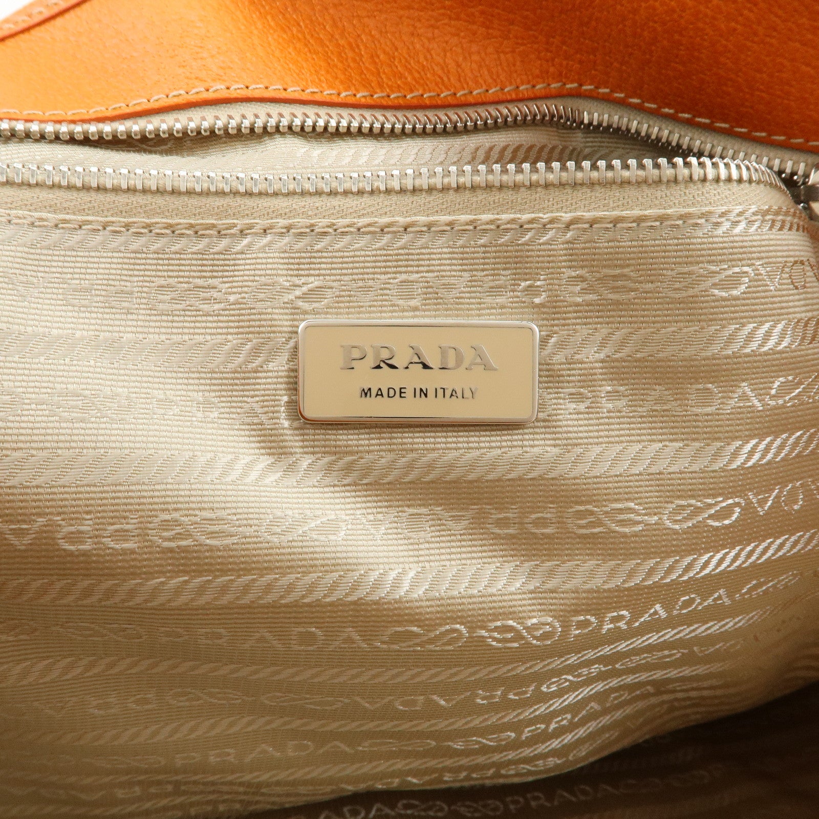 PRADA Triangle Logo Canvas Leather Tote Bag Natural Orange BR2920