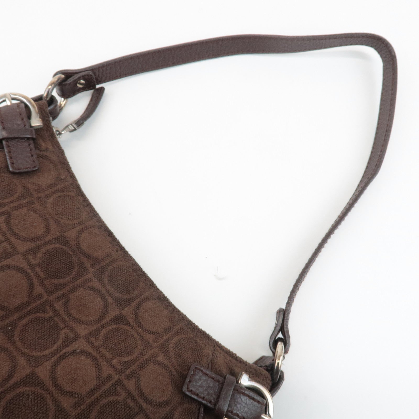 Ferragamo Gancini Leather Cotton Accessoires Pouch Hand Bag Brown Used