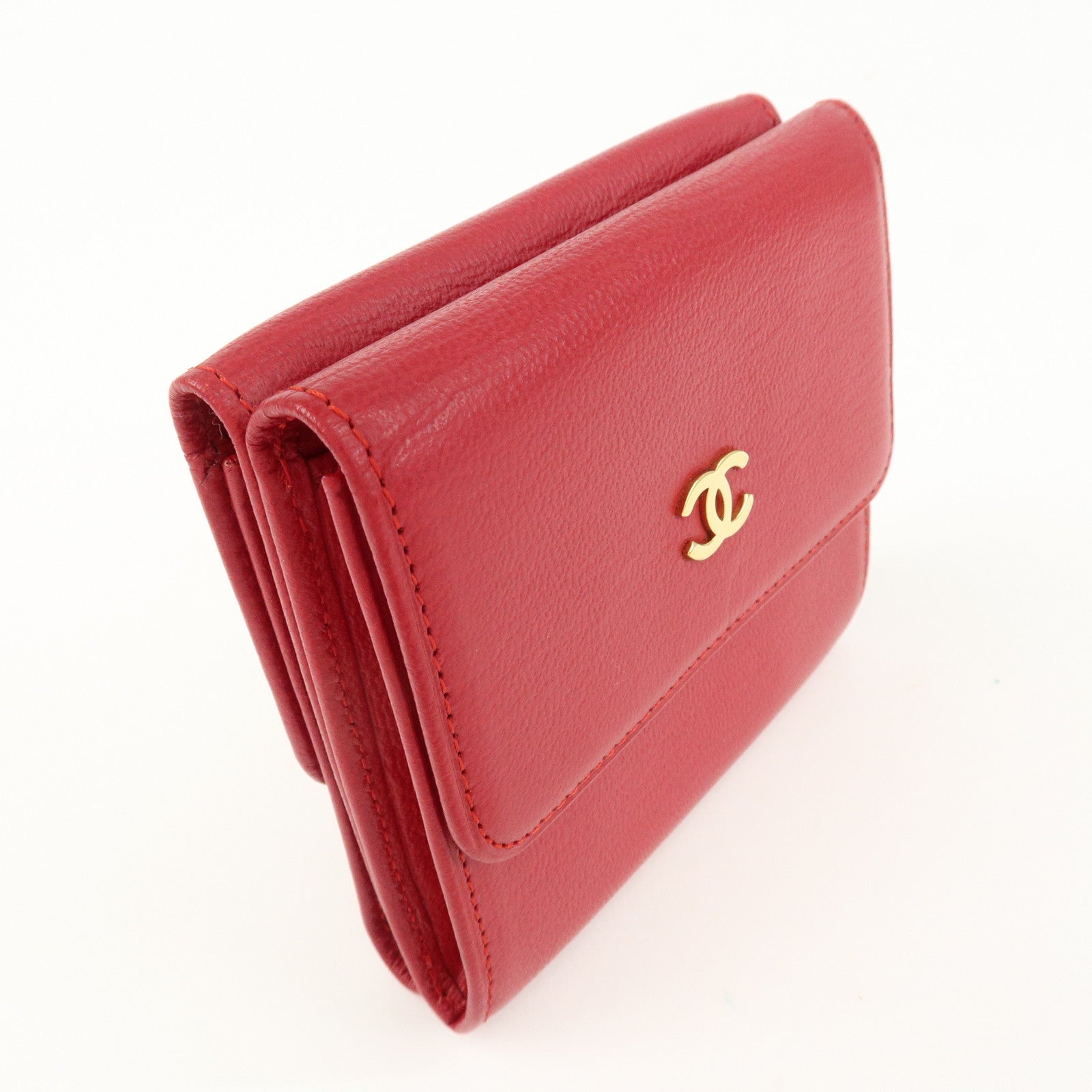 CHANEL COCO Mark Leather Tri-Fold Compact Wallet Red A13456 Used
