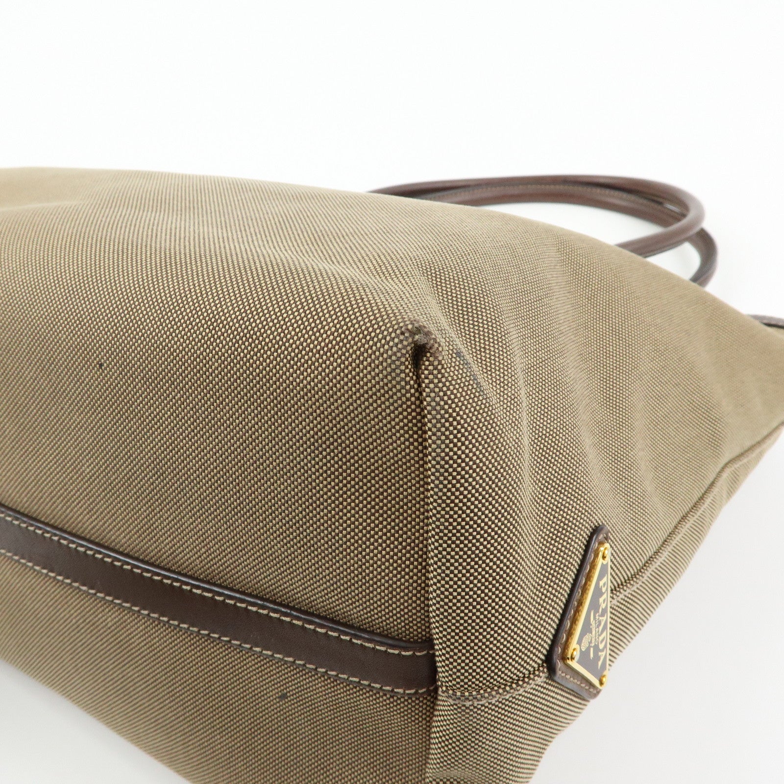 PRADA Triangle Logo Jacquard Leather Tote Shoulder Bag Beige Brown