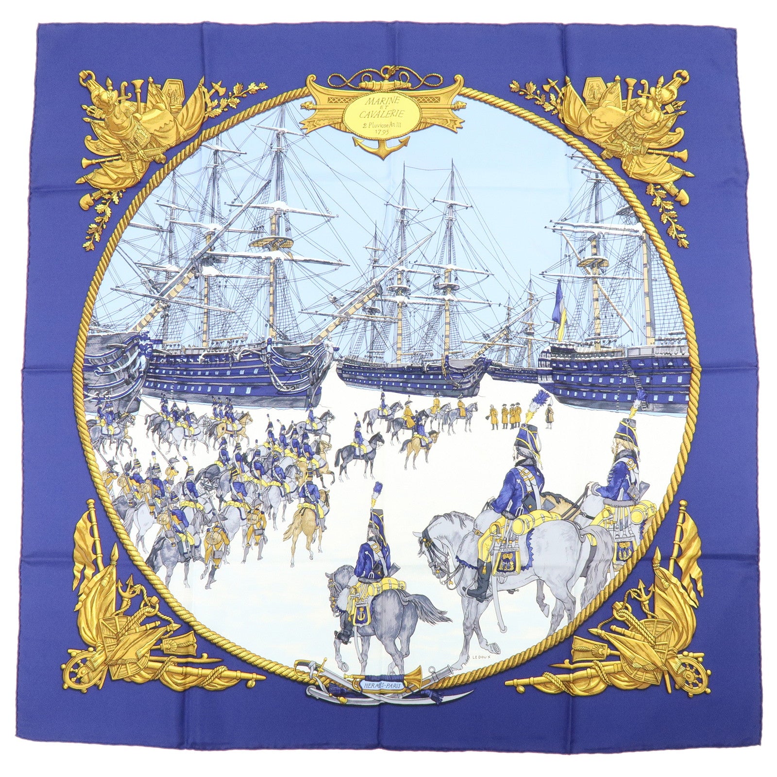 HERMES Carre 90 Silk 100% MARINE ET CAVALERIE Scarf Blue Navy
