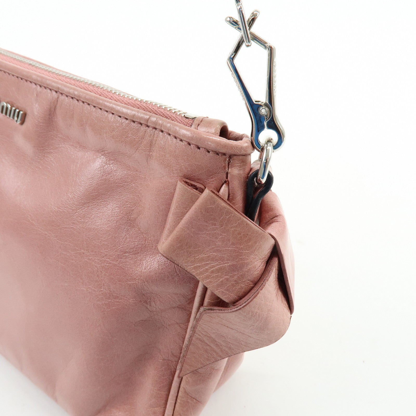 MIU MIU Side Ribbon Leather Shoulder Bag Hand Bag Pink RR1892