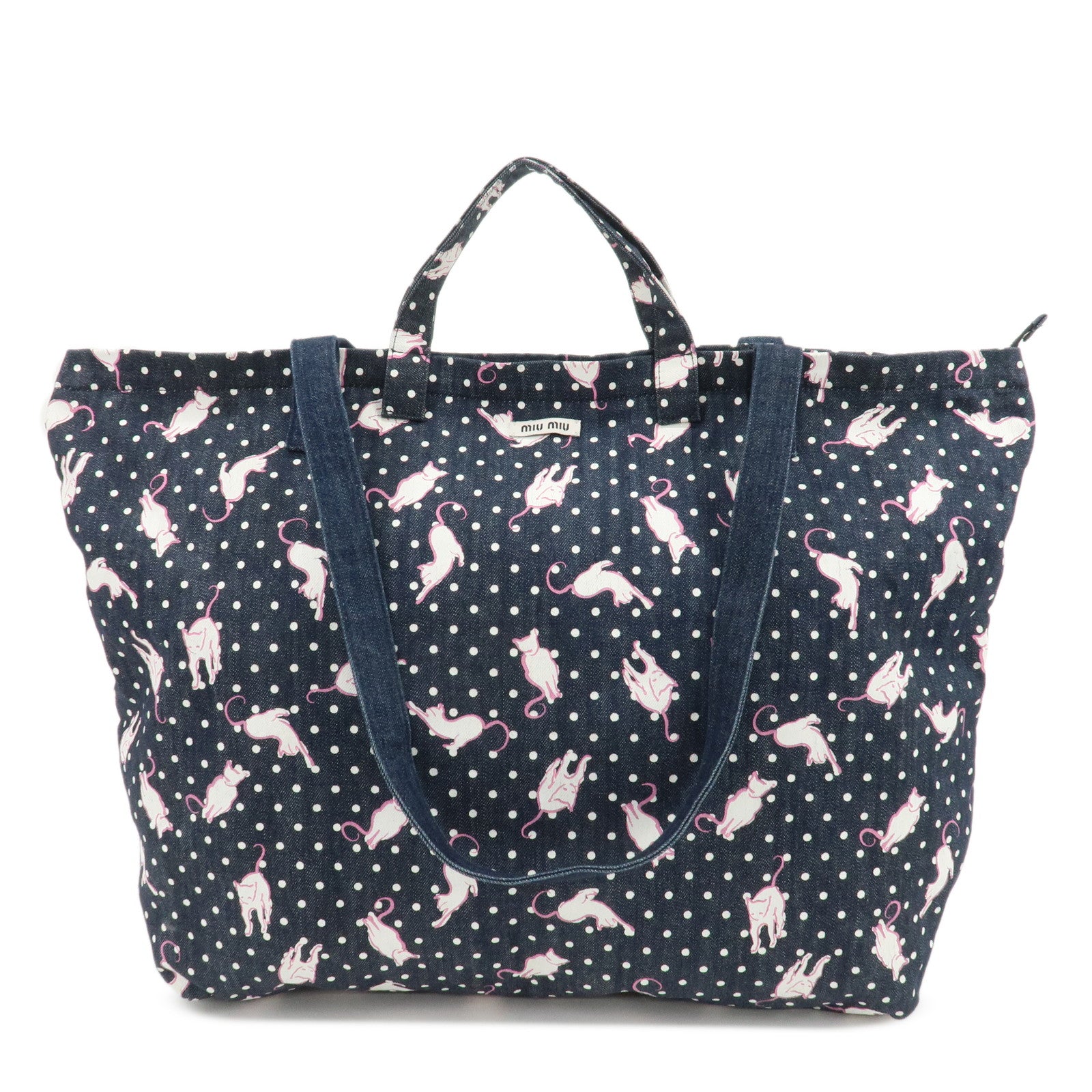 MIU MIU Cats & Dots Print Denim 2Way Tote Bag Blue