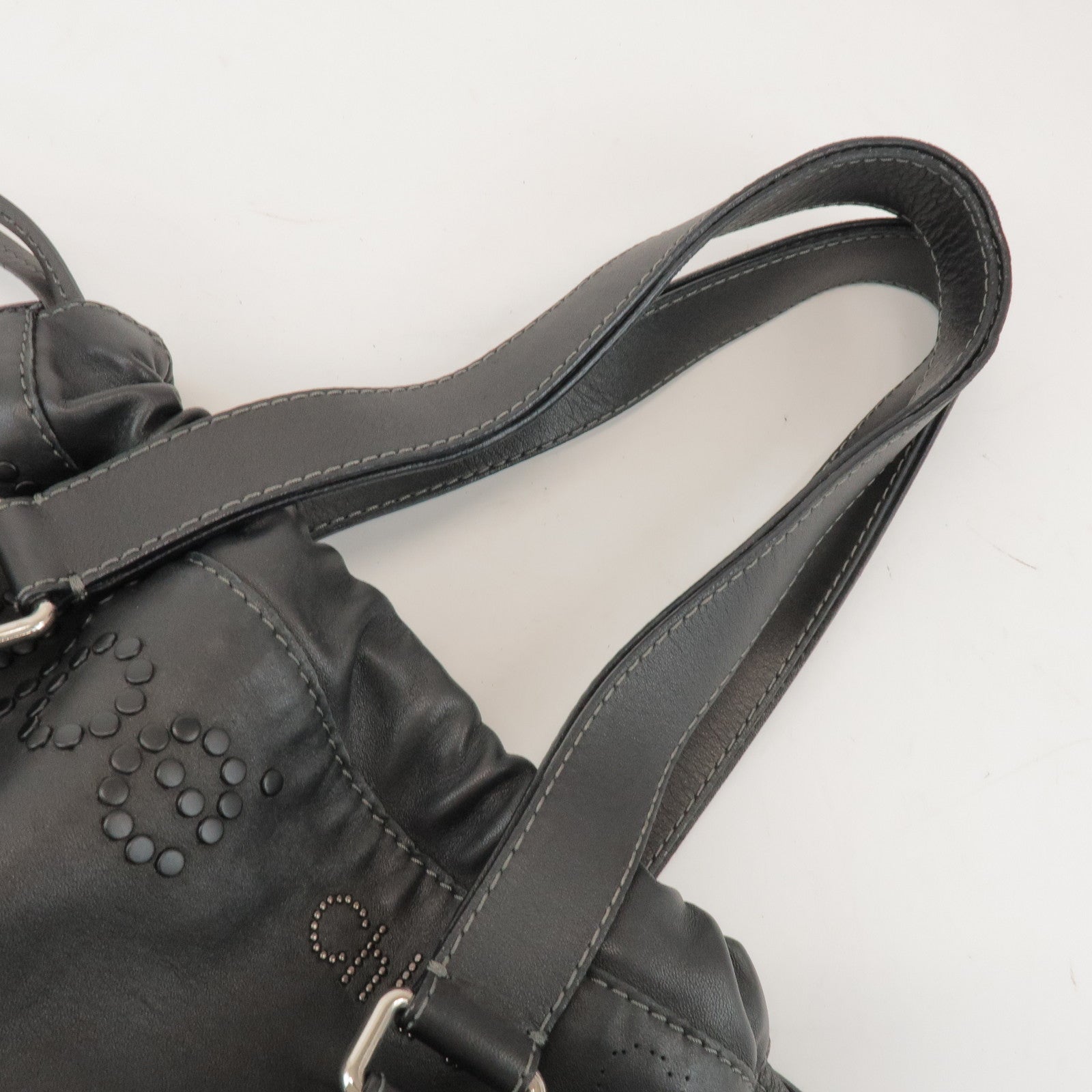 Chloe Leather Drawstring Tote Bag Shoulder Bag Hand Bag Black Studs