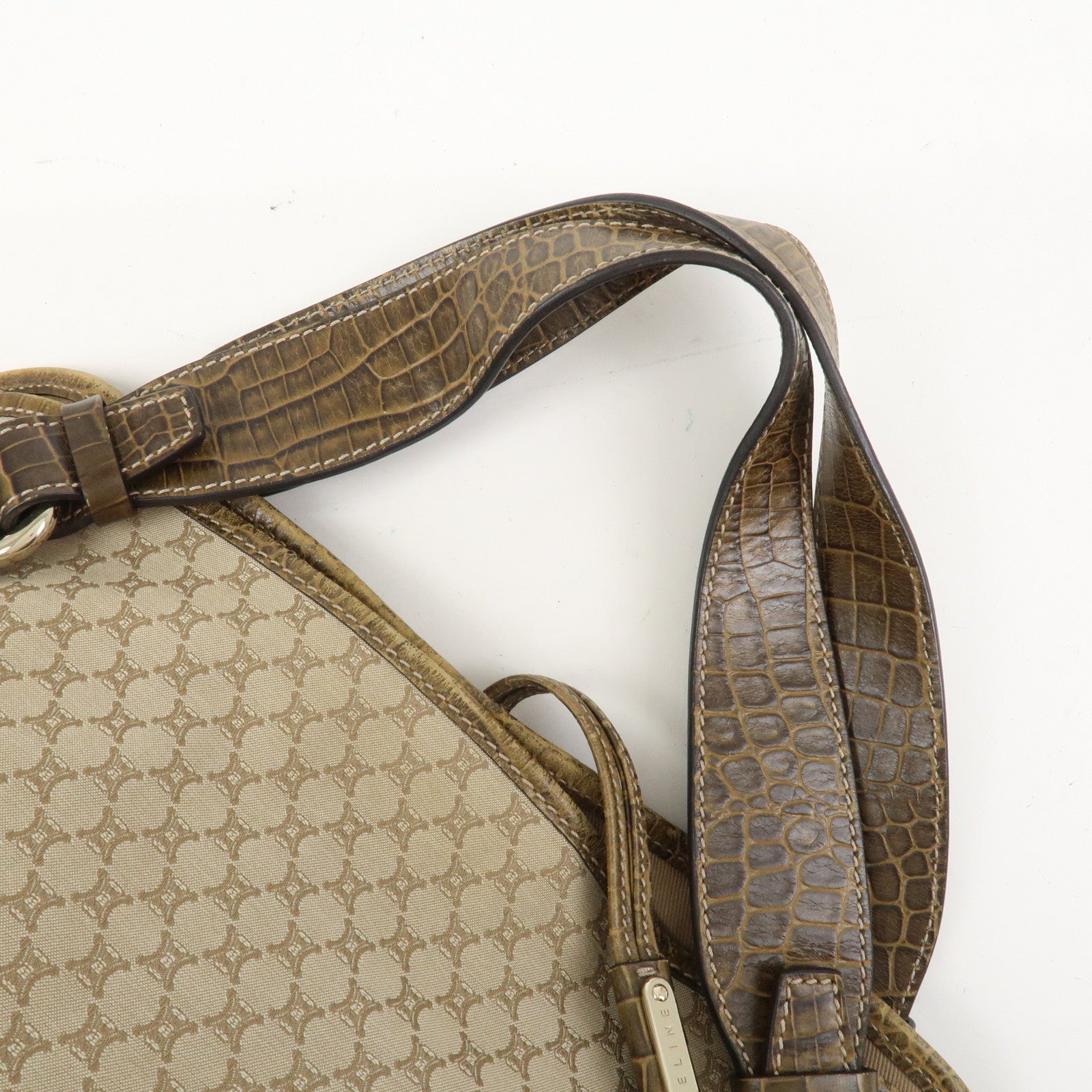 CELINE Macadam Logo Canvas Emboss Leather Shoulder Bag Beige Brown