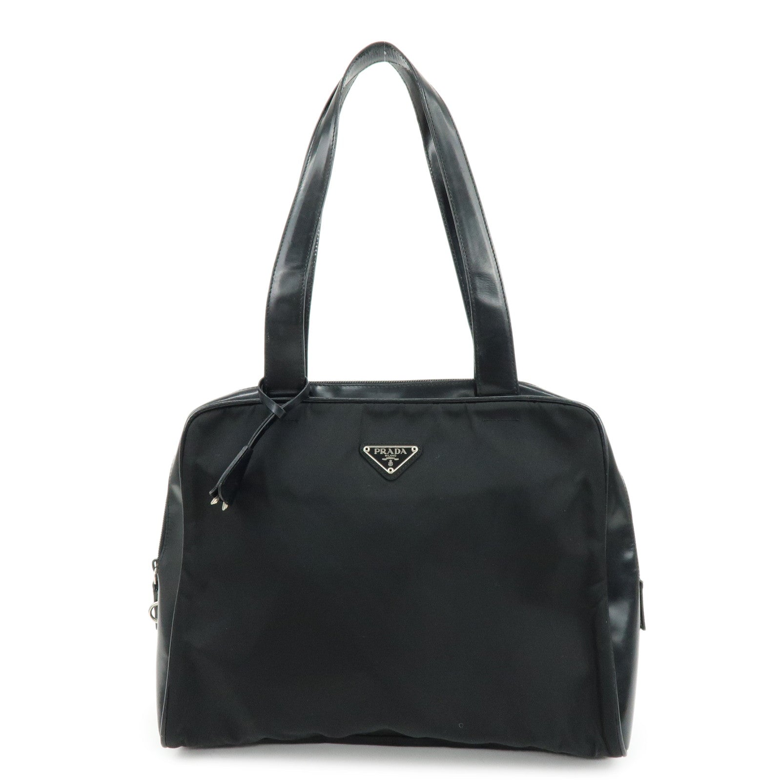 PRADA Triangle Logo Nylon Leather Shoulder Bag Tote Bag Black