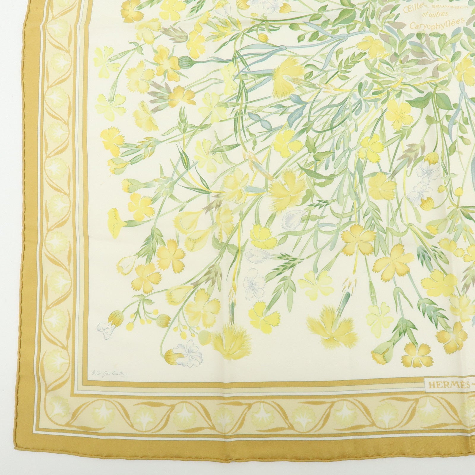 HERMES Carre90 Silk 100% oeillets sauvages et autres caryophyllales