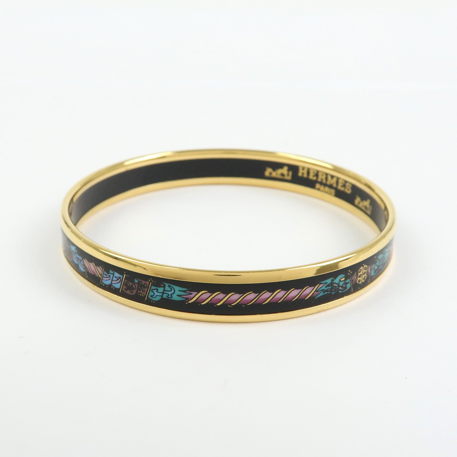 HERMES Email PM Plated Bracelet Bangle Black Gold