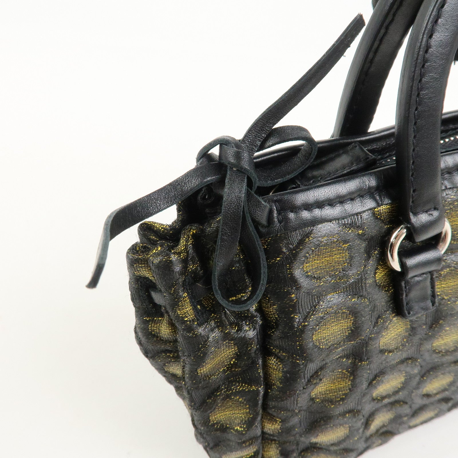 PRADA Triangle Logo Nylon Leather Ribbon Hand Bag Black Yellow