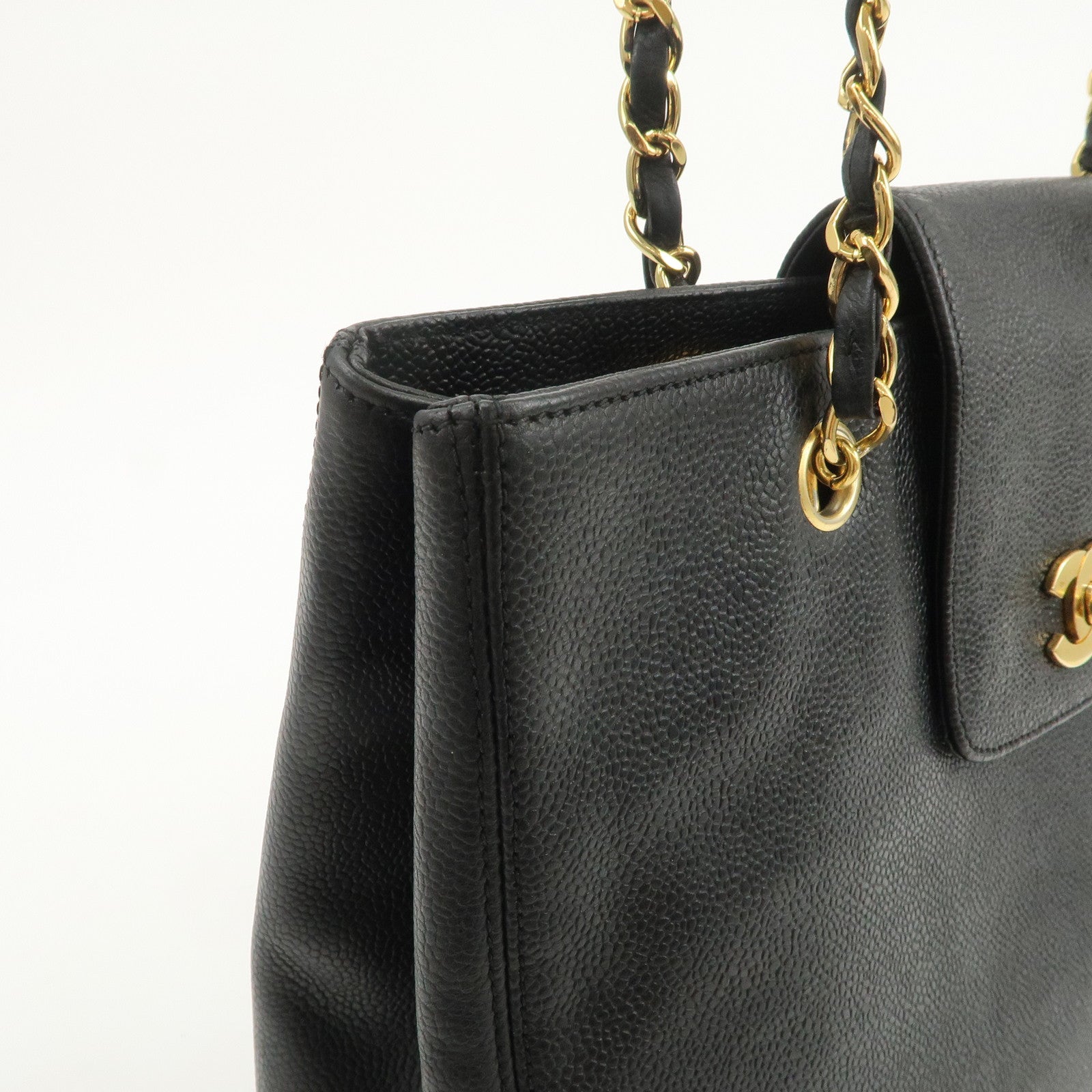 CHANEL COCO Mark Caviarskin Chain Tote Bag Shoulder Bag Black Gold