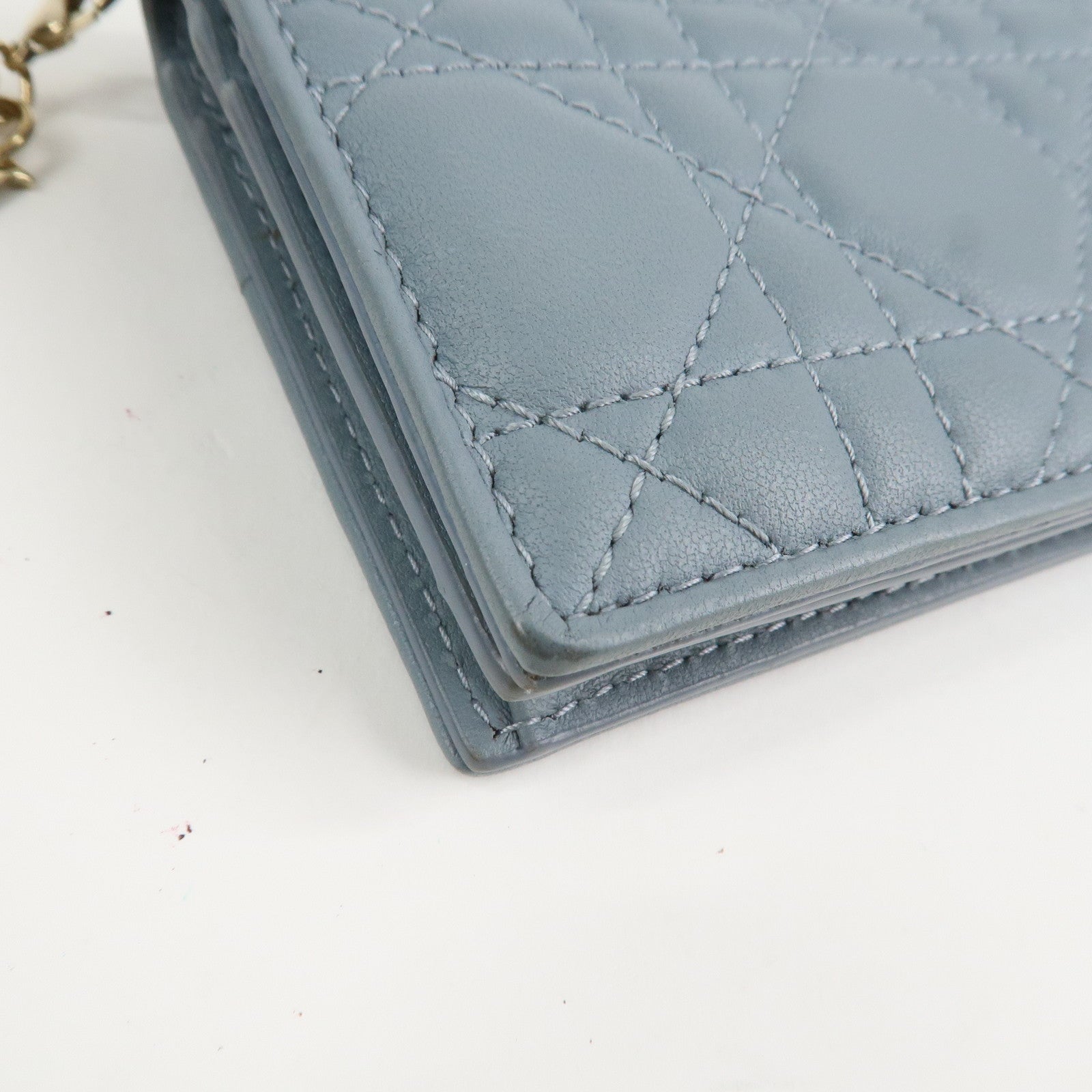 Christian Dior Cannage Leather Gardenia Wallet Gold Charm Blue Used