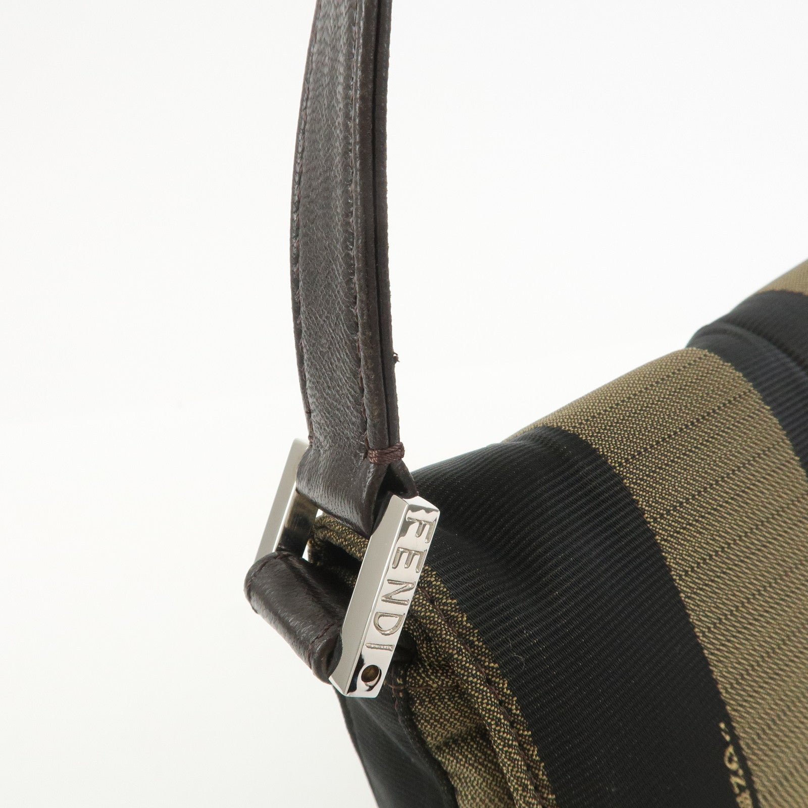 FENDI Pequin Canvas Leather Shoulder Bag Brown Black 26654