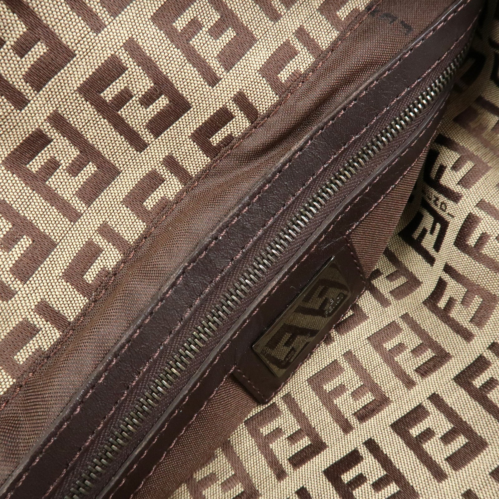 FENDI Mamma Baguette Zucchino Canvas Leather Hand Bag Brown 8BR003 Used