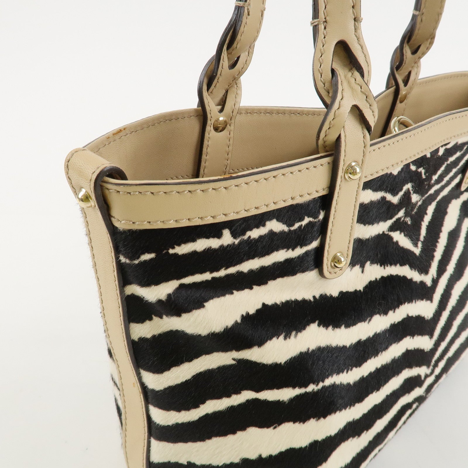 GUCCI Craft Unborn Calf Leather Tote Bag Zebra Pattern Beige 23793 Used