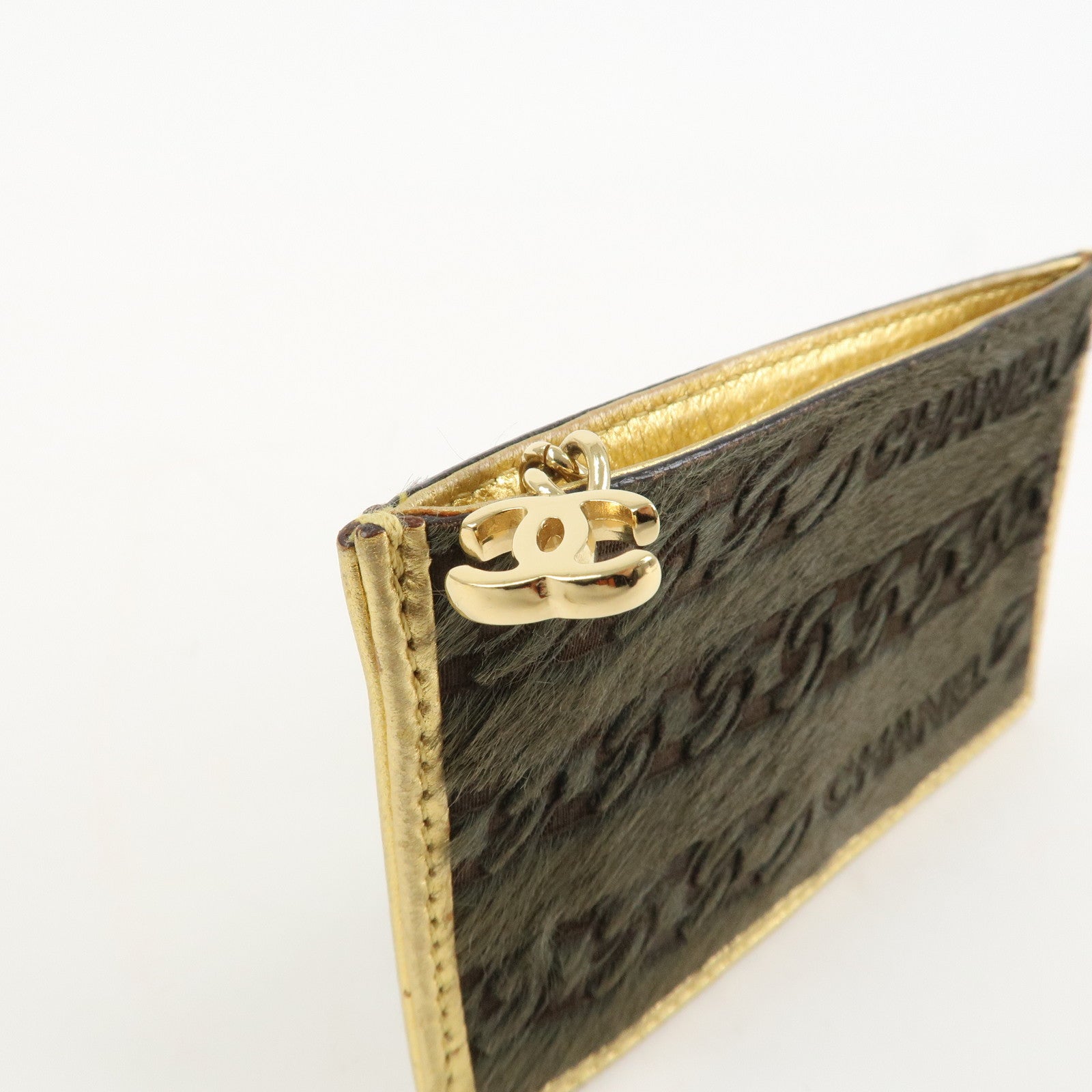 CHANEL Leather Unborn Calf Coin Case Gold Khaki Used